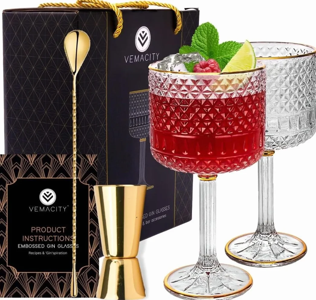 Set Bicchieri Gin Tonic di Lusso 450ml con Decorazioni Dorate, 3 Bordi Oro, Cucchiaio Bar e Misurino Kit Regalo