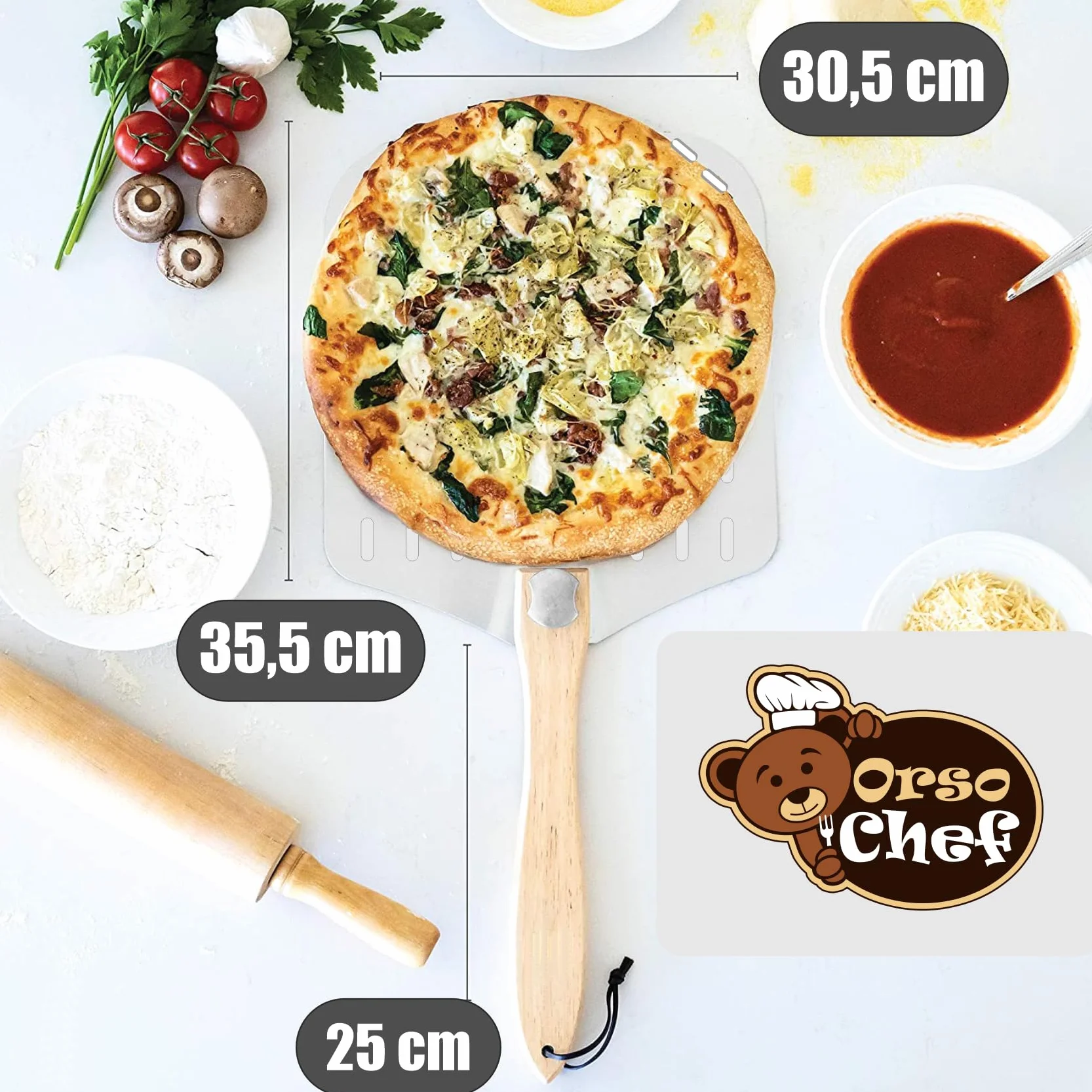Antech Pizza Officina Pala per Pizza Forata in Alluminio Leggero con Manico Richiudibile – 4 kg – Foratura Professionale