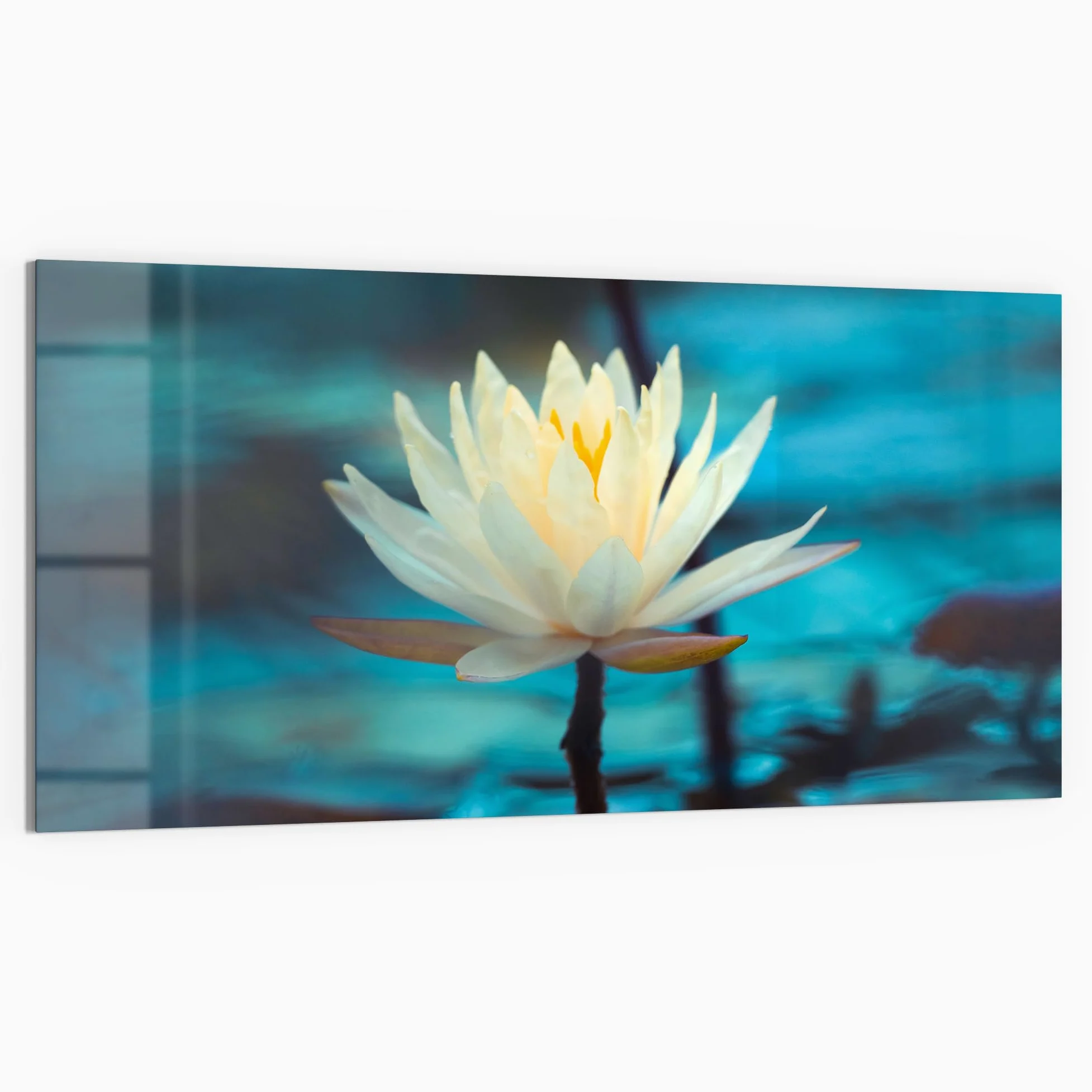 DEQORI Quadro in vetro vero | Motivo ninfee serenità | orizzontale unico pezzo 100 x 50 cm | bella decorazione da parete per soggiorno, camera da letto, corridoio e cucina | moderna decorazione da