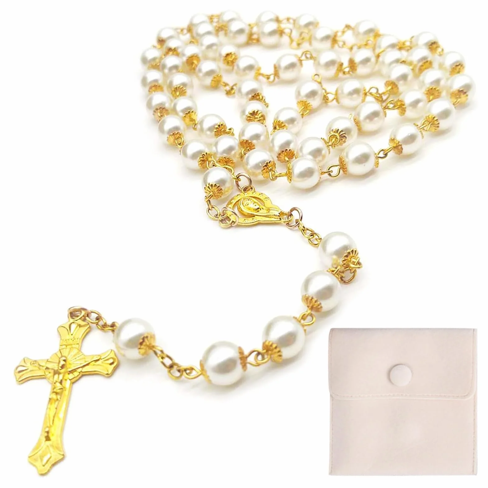 Rosario Di Comunione Con Croce Retrò Cristiano Con Ciondolo A Forma Di Croce Con Zirconi Preghiera Religiosi Credenti Perle Collana Rosario Per Battesimo Comunione Matrimonio Festa, Oro