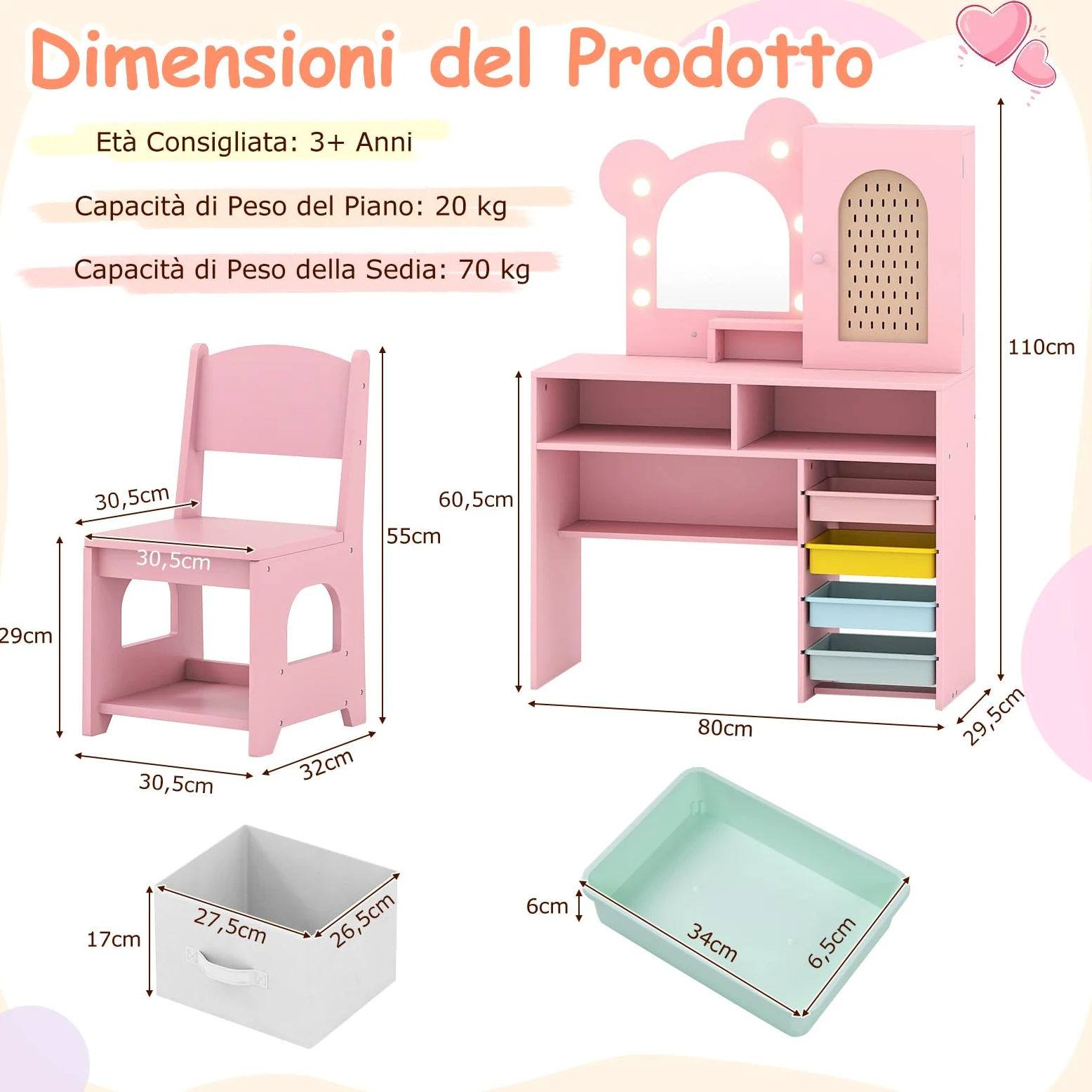 RELAX4LIFE Toeletta Trucco per Bambini con Luci, 3 Colori e Luminosità Regolabile, Set di Tavolo e Sedia on 5 Cassetti e 2 Scomparti, Postazione Trucco per Bambini 3+ Anni (Rosa)