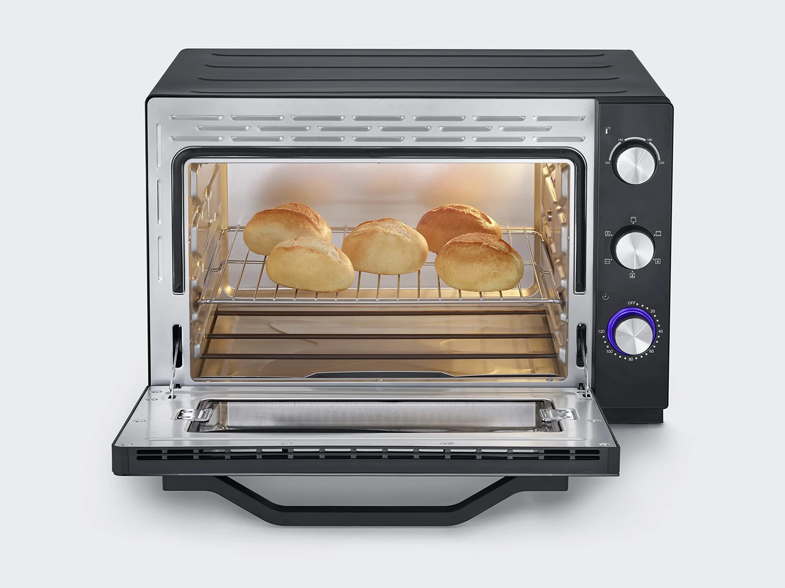 SEVERIN Forno Elettrico Ventilato XXL 60 Litri 2200W 100-230°C Timer 120 min Pietra Refrattaria Girarrosto Luce Interna 6 Modalità Nero TO 2073
