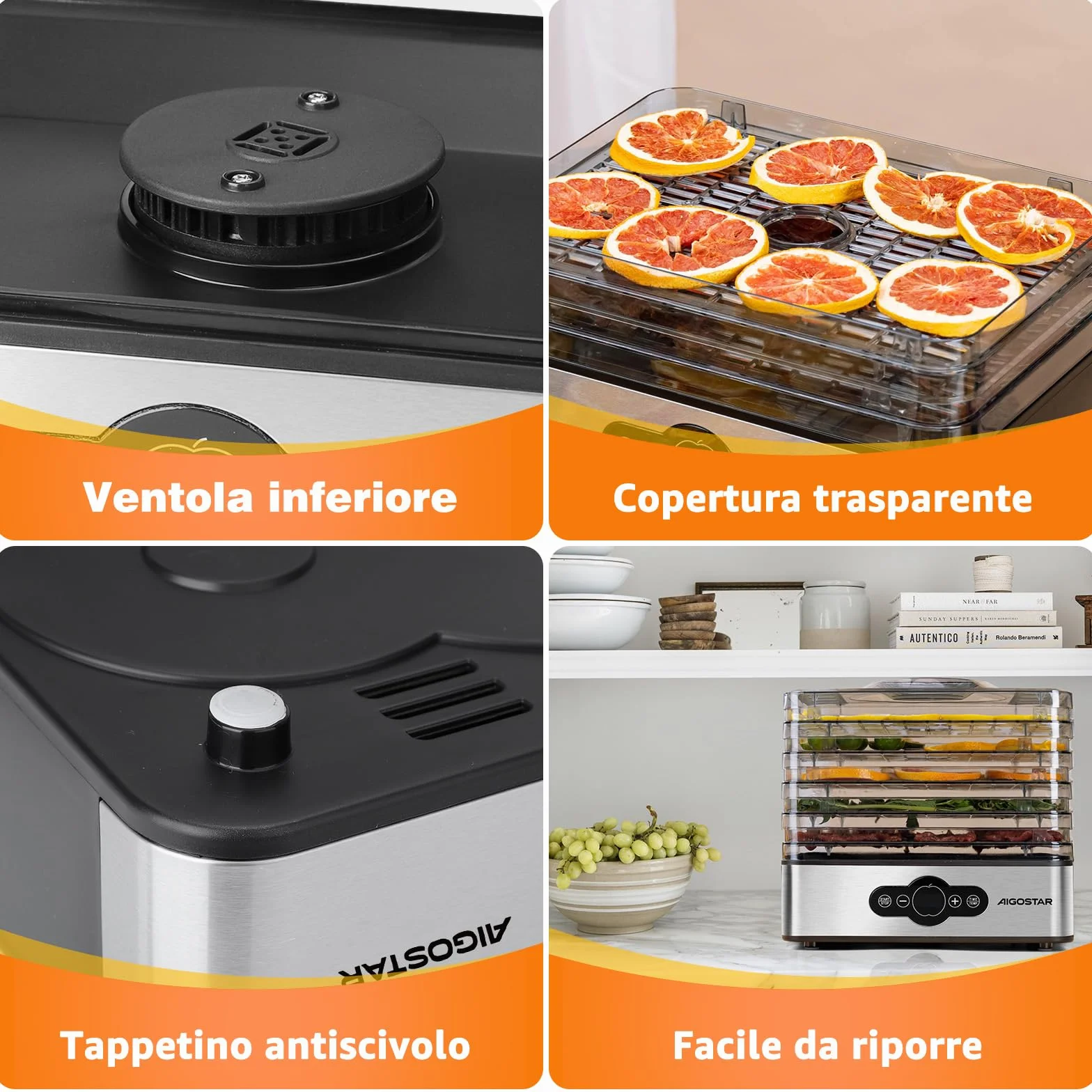 Aigostar Crispy - Essiccatore alimentare, 240W, 5 vassoi, essiccatura automatica, ottimo per frutta, carne, verdura ecc. controlli digitali, impostazione manuale di tempo e temperatura. Senza BPA.