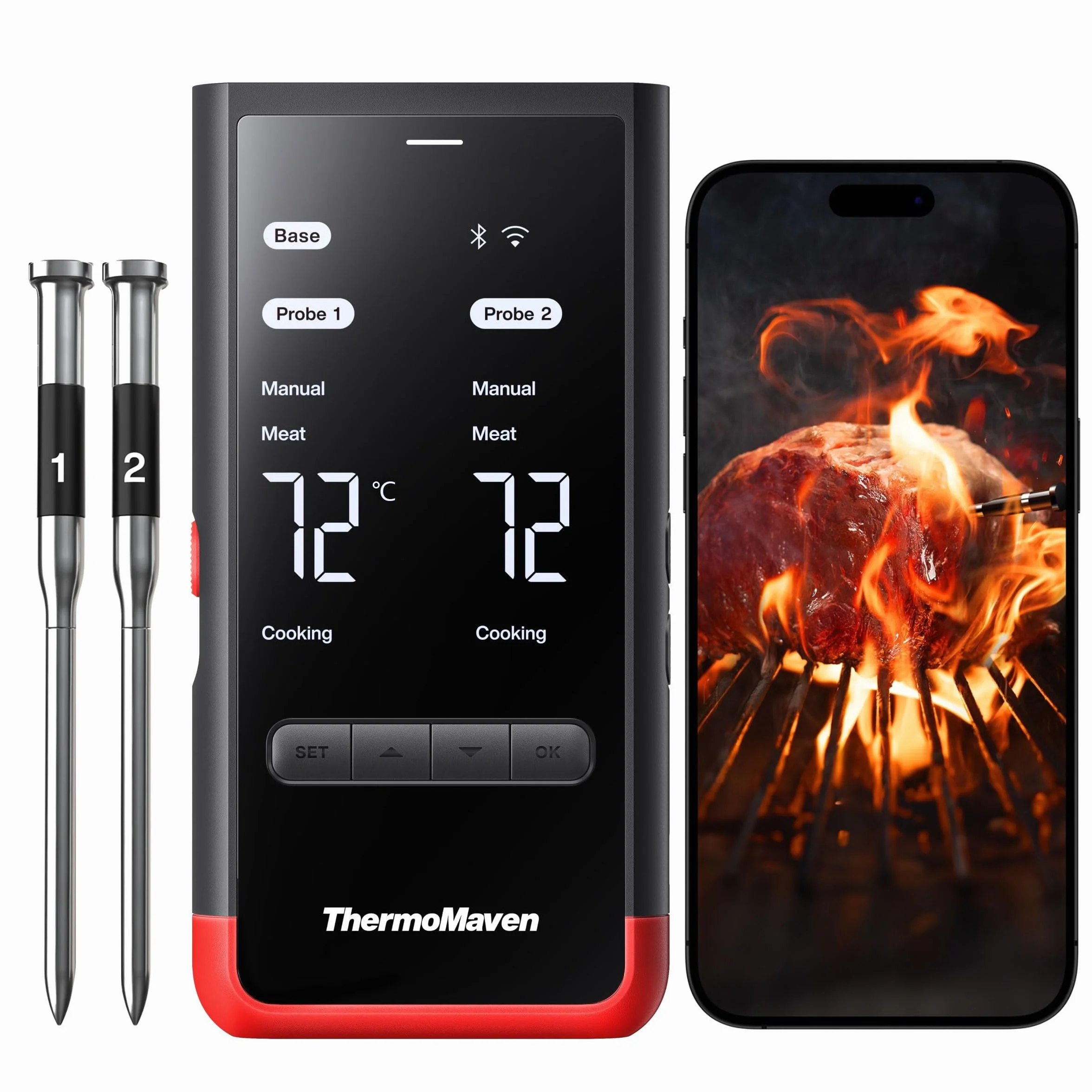 ThermoMaven P2 Termometro intelligente per carne senza fili – 152 m Bluetooth 5.3, 2 sonde 6 sensori, monitoraggio Wi-Fi illimitato, stabilità, impermeabile IPX8, per barbecue, forno, cucina, alimenti