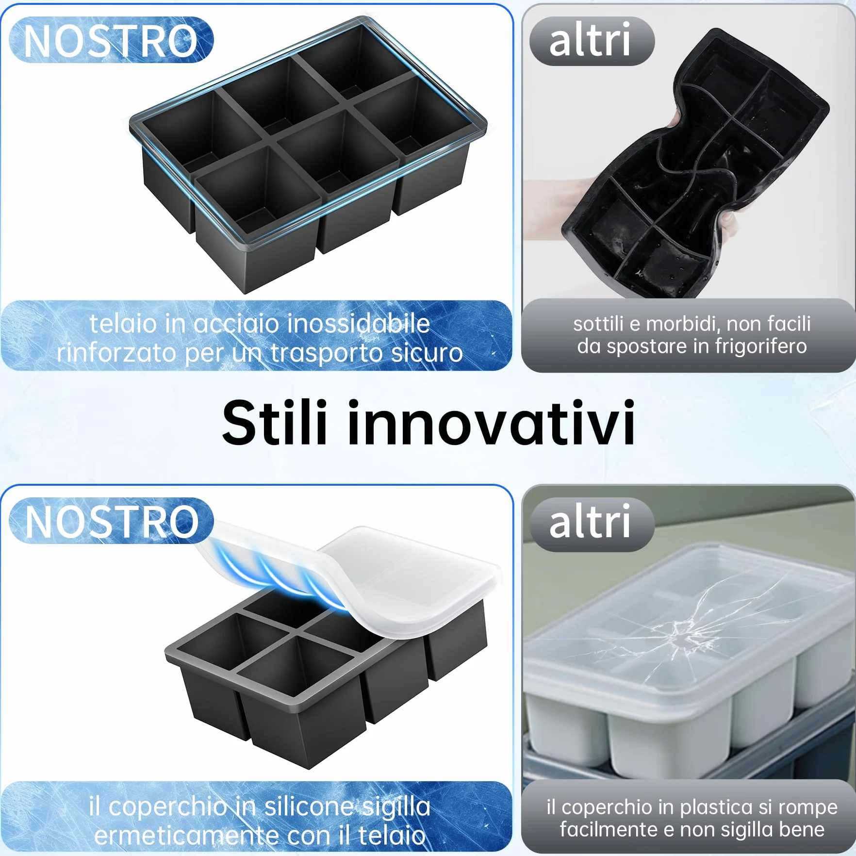 Ankway Stampo per Ghiaccio Set da 2, Silicone Senza BPA, Grande Cubetti con Coperchio, Stampi Impilabili per Whisky e Cocktail