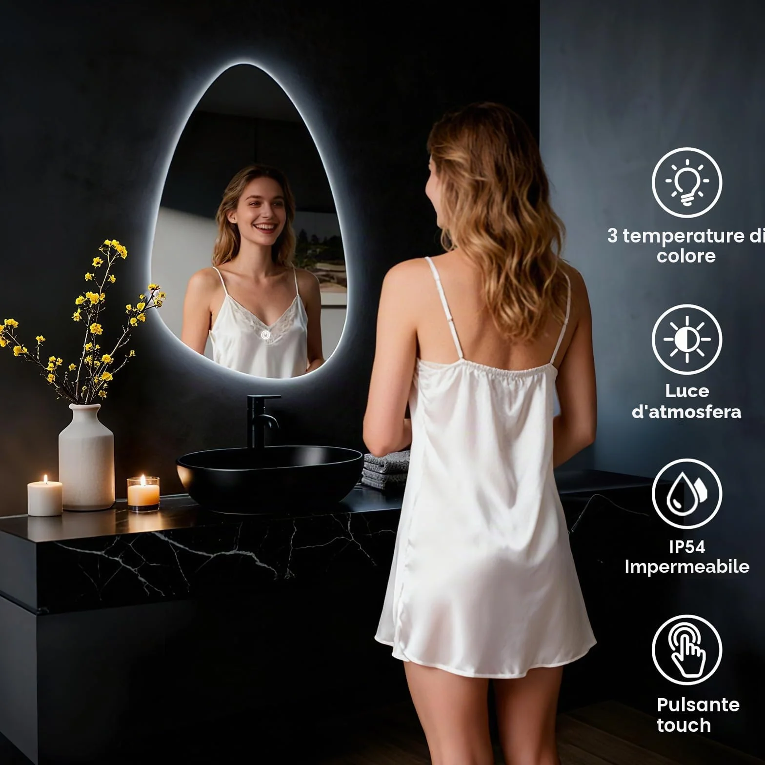 Specchio da parete rotondo per bagno, con illuminazione, specchio con luce LED, interruttore touch e 3 colori dimmerabili (60 L x 40 cm)