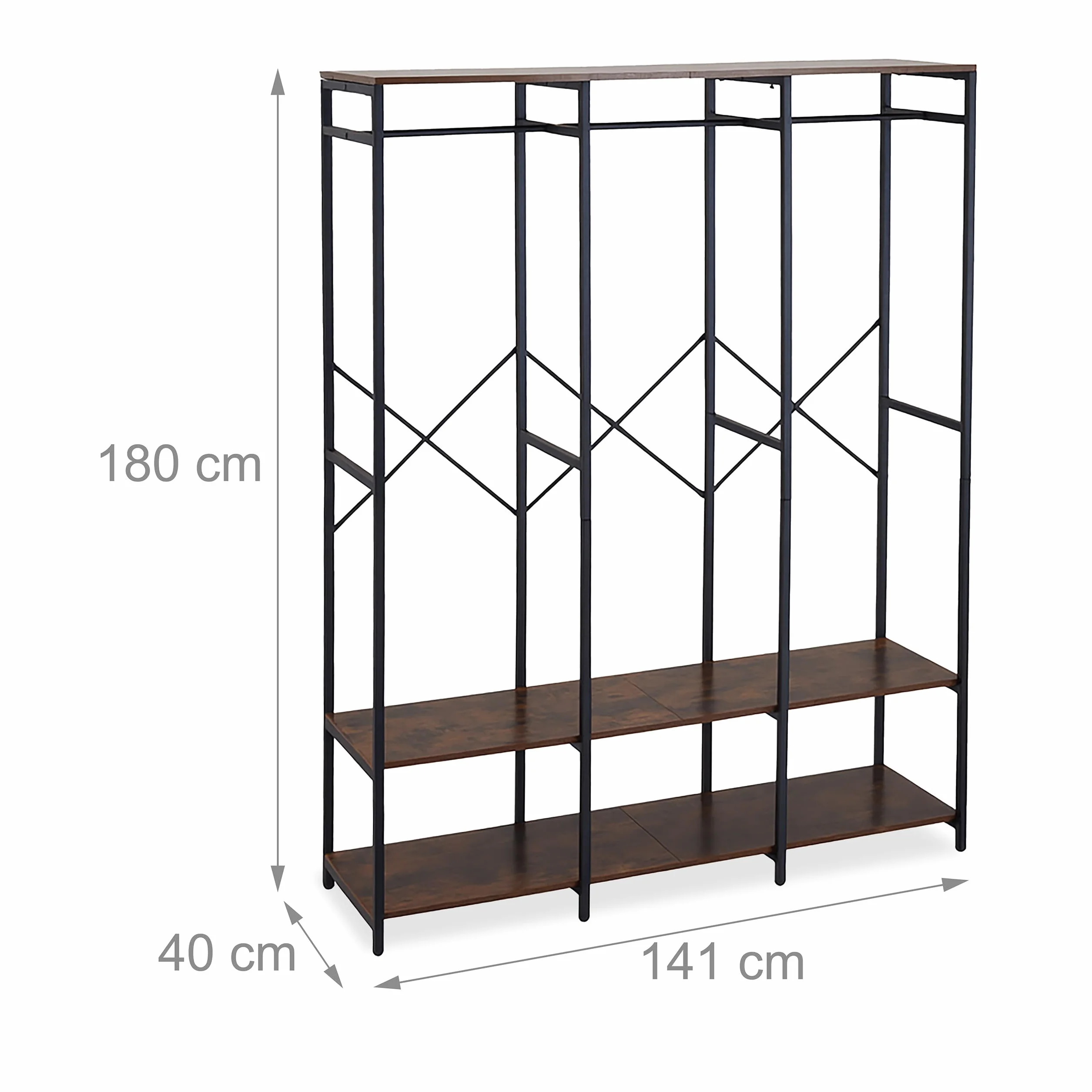 Relaxdays Armadio Aperto Appendiabiti, Guardaroba con Ripiani, Ganci e Barra, 180x141x40 cm, MDF e Ferro, Nero Marrone