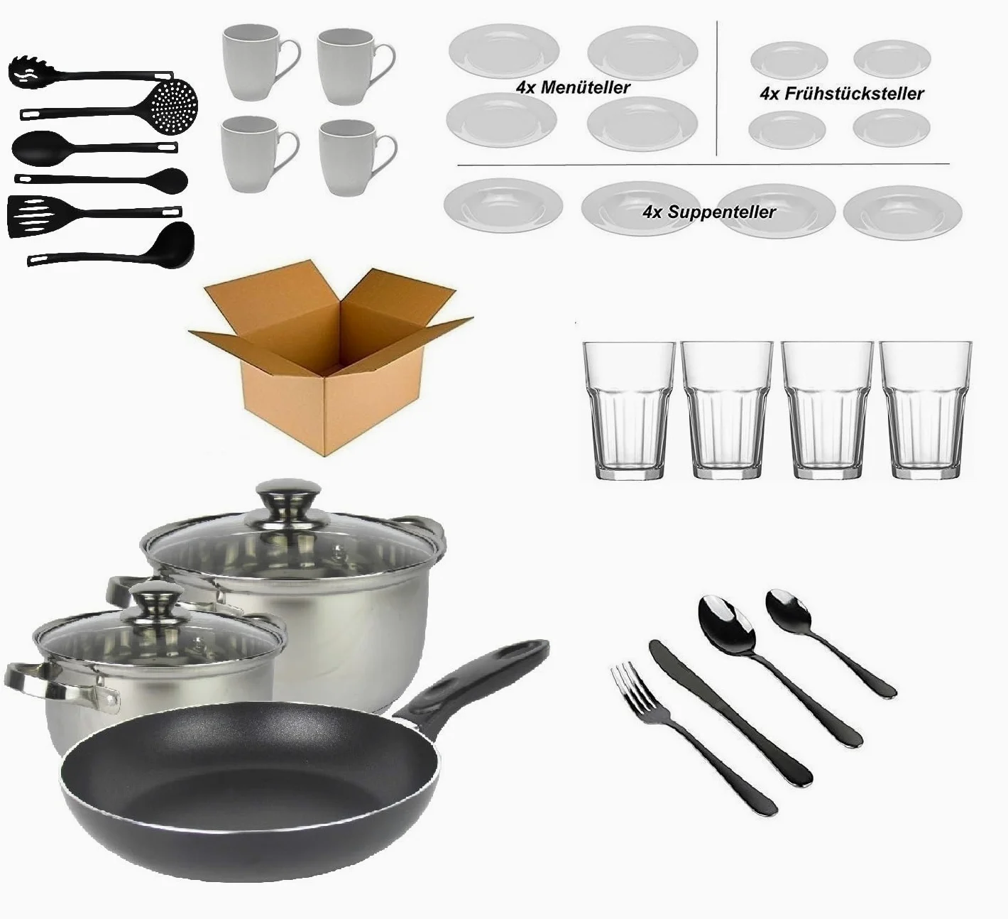 'casa starter set "4 persone – Arredamento Starter pacchetto – funzionalità pacchetto – (Cucina, Posate, Stoviglie)