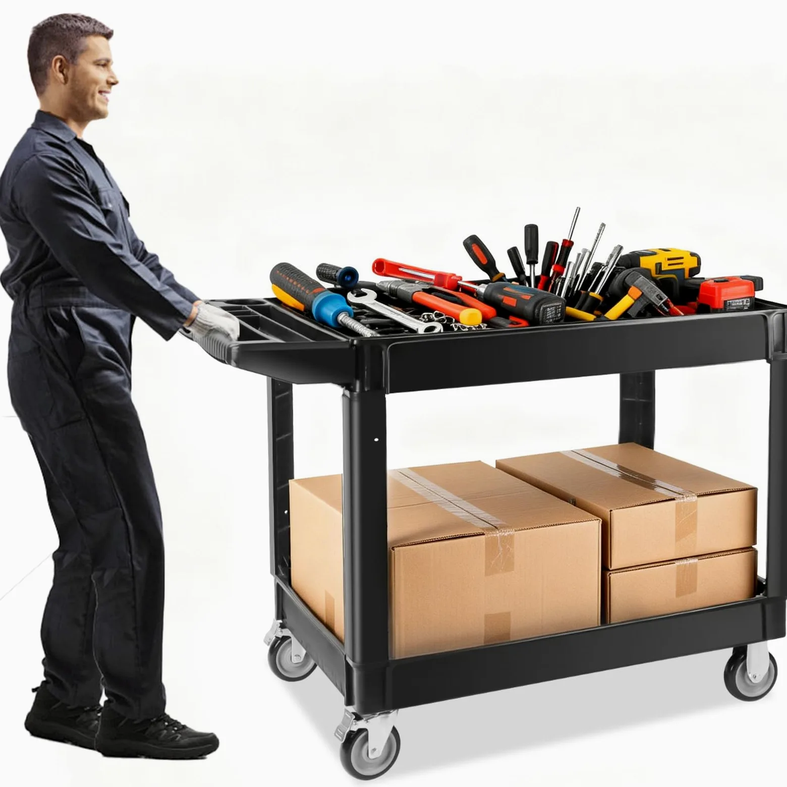 TOROKOM Carrello multiuso pesante a 2 livelli su ruote, carrello da 550 libbre di capacità aggiuntiva Grande carrello di servizio multiuso manico nero organizzatore di immagazzinaggio portatile