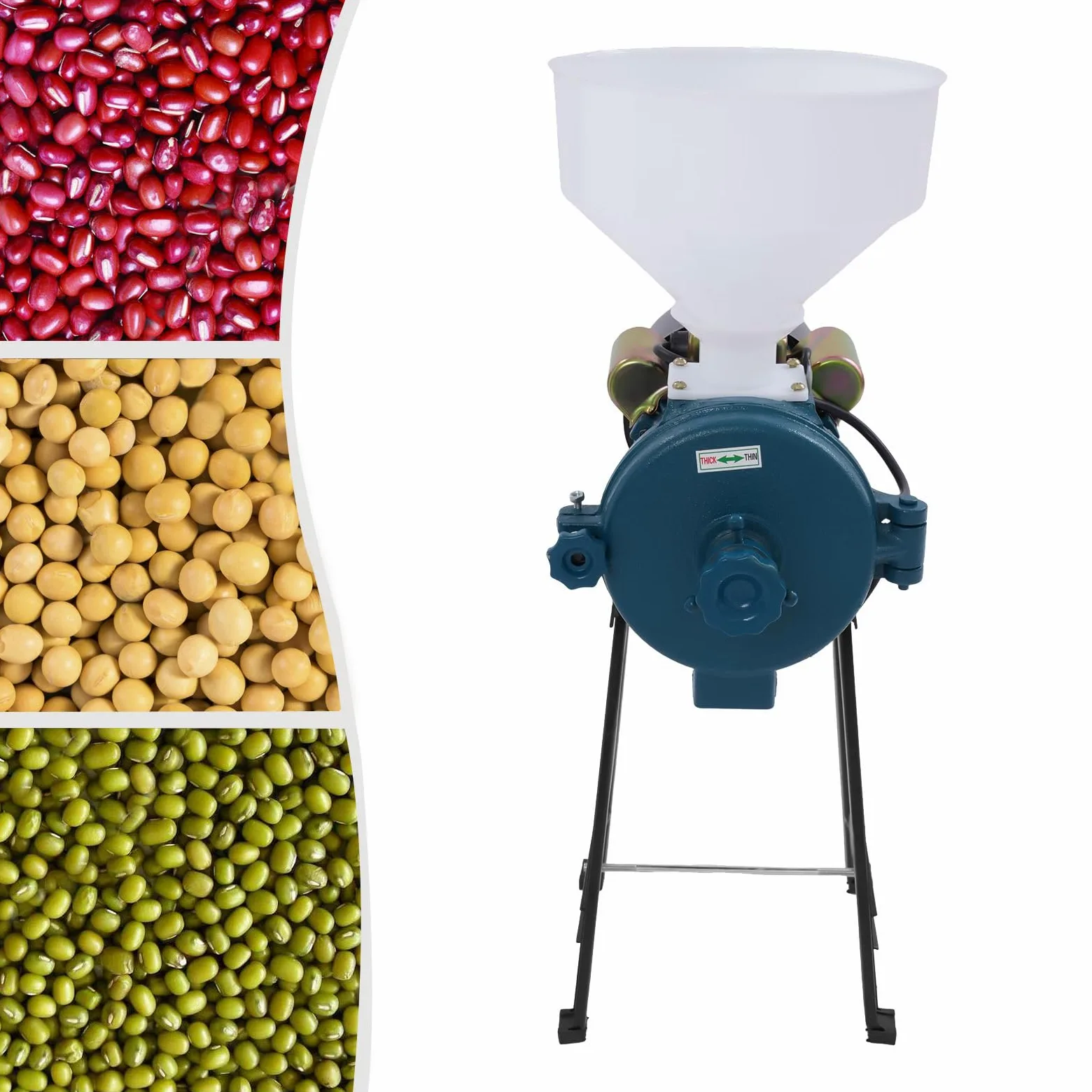 Mulino Elettrico Grano,Macina a Secco con Imbuto,Macinino Trituratore Smerigliatrice per cereali Commerciale Meccanico Elettrica può Riso Soia Sorgo e Mais 50-75kg/h(Blu)