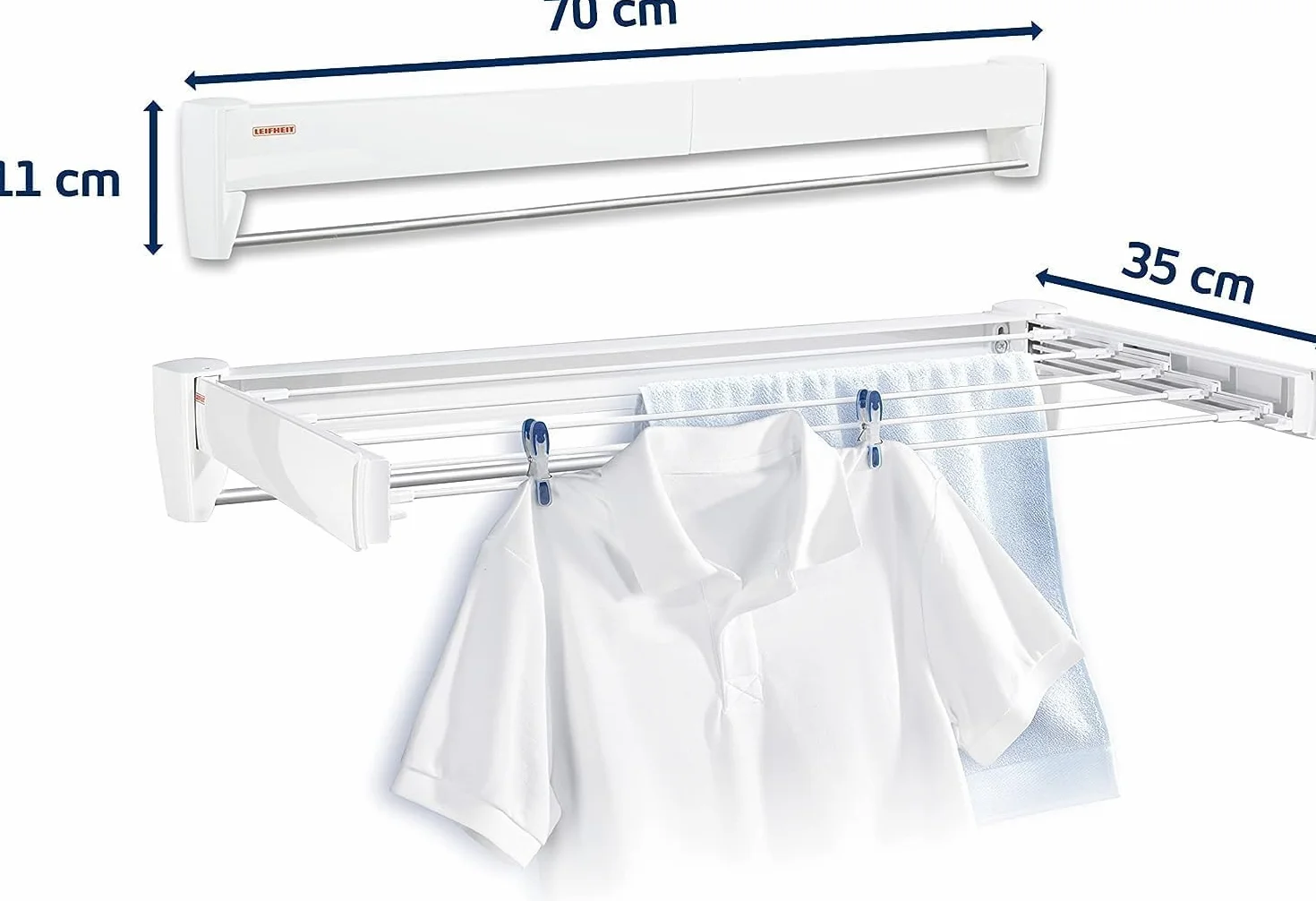 Leifheit Telegant 36 Protect Plus Stendibiancheria da parete, Stendibiancheria estensibile compatto, Stendino allungabile per bagno e balcone