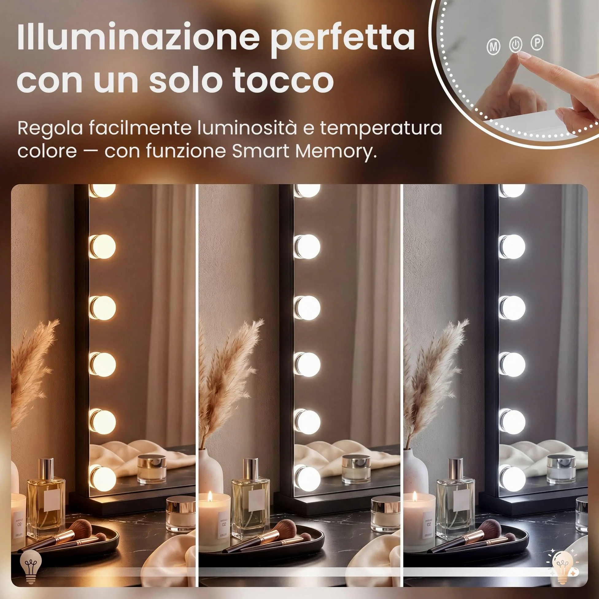 CLP Specchio Trucco Norlina 80x60 cm con Luci LED Dimmerabili, 3 Modalita di Illuminazione e USB. Specchio Hollywood da Parete o da Tavolo, Colore:nero
