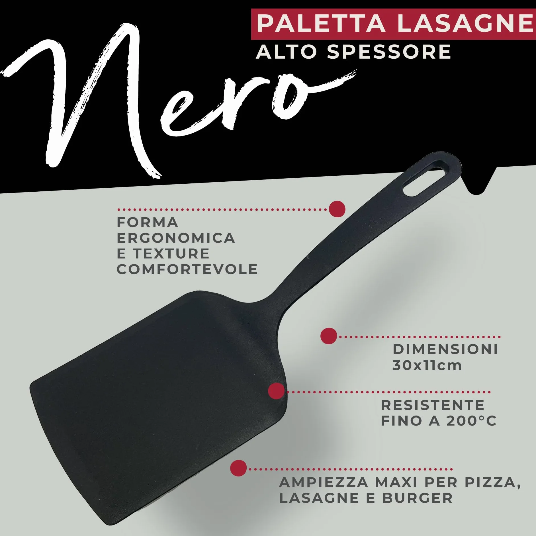 Fackelmann Paletta larga in Nylon 30 x 11 cm antiaderente resistente 200° lavabile in lavastoviglie Nero
