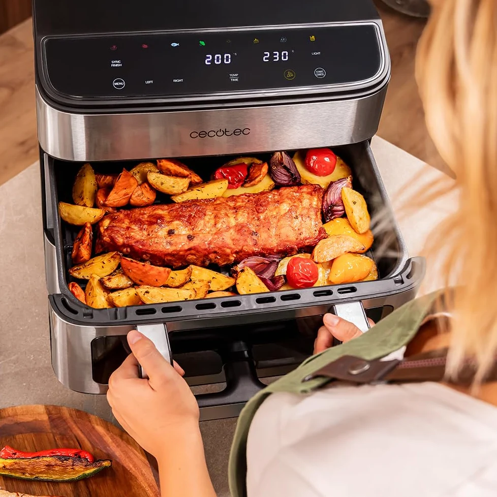 Cecotec Friggitrice ad Aria e Forno 18L Cecofry FoodCourt 18000 4Pizza+. 2700W, Forno Pizza 12" Incl. Pietra, 9L Parete Divisoria, Schermo Color, Acciaio Inox, Sincronizzazione Vaschette