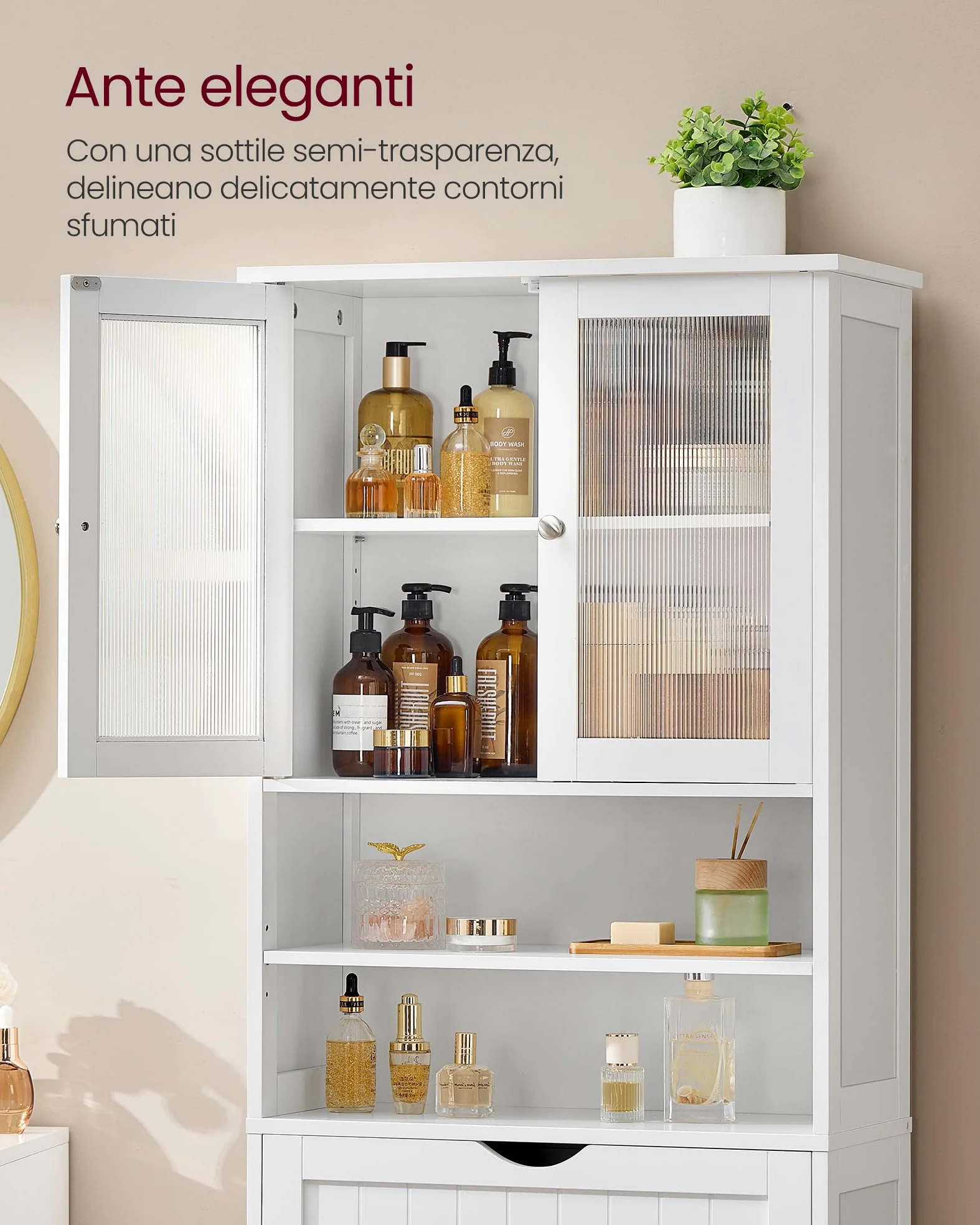 VASAGLE Mobiletto Contenitore, Armadietto da Bagno, con Ripiani Regolabili, Cassetto, Scomparti Aperti, per Bagno, Soggiorno, Sala da Pranzo, Bianco Nuvola BBC768W01