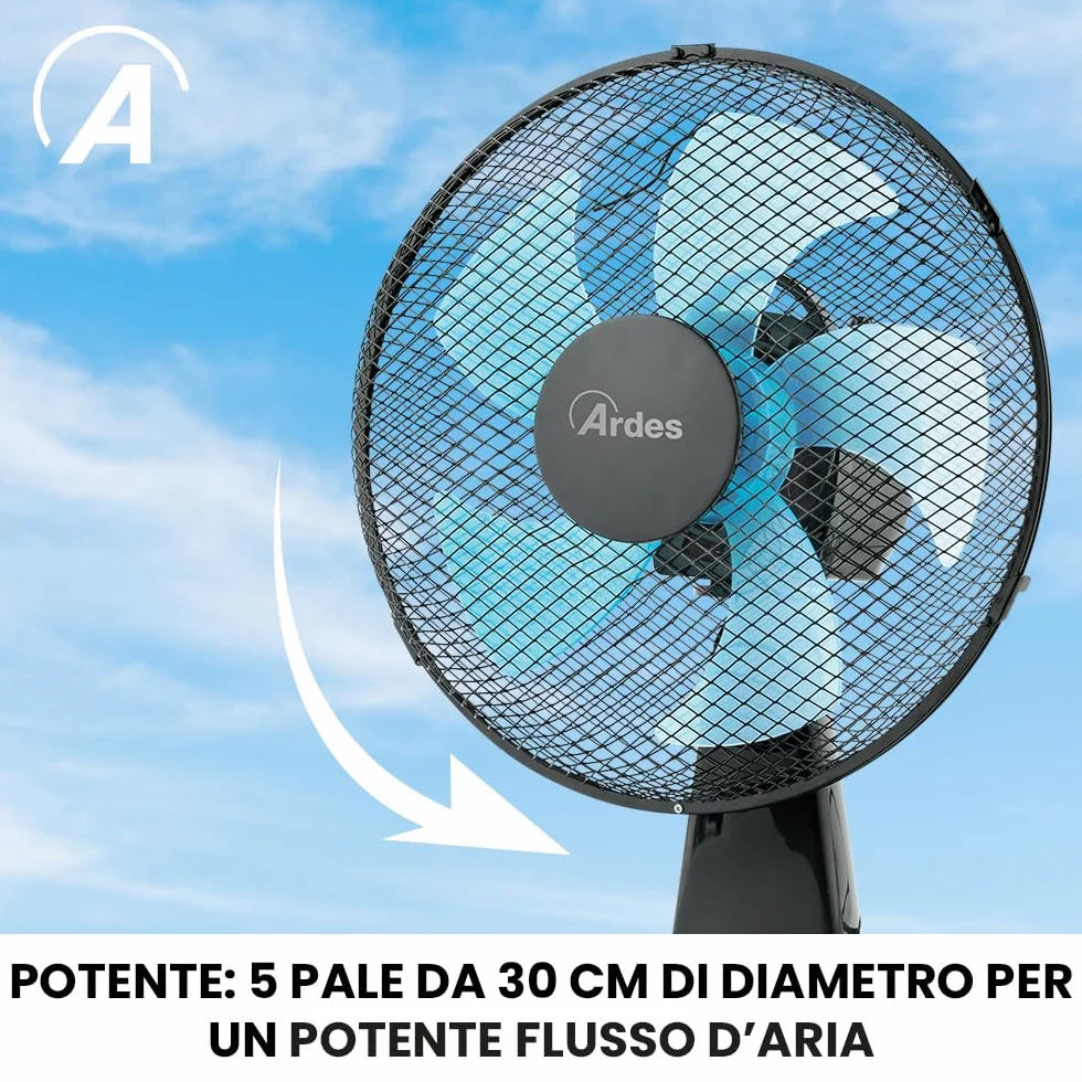 Ardes STEELO 30N Ventilatore da Tavolo 40W 30 cm Oscillante con Oscillazione Automatica, Inclinazione Regolabile, 3 Velocità Silenziose, Base Stabile e 5 Pale