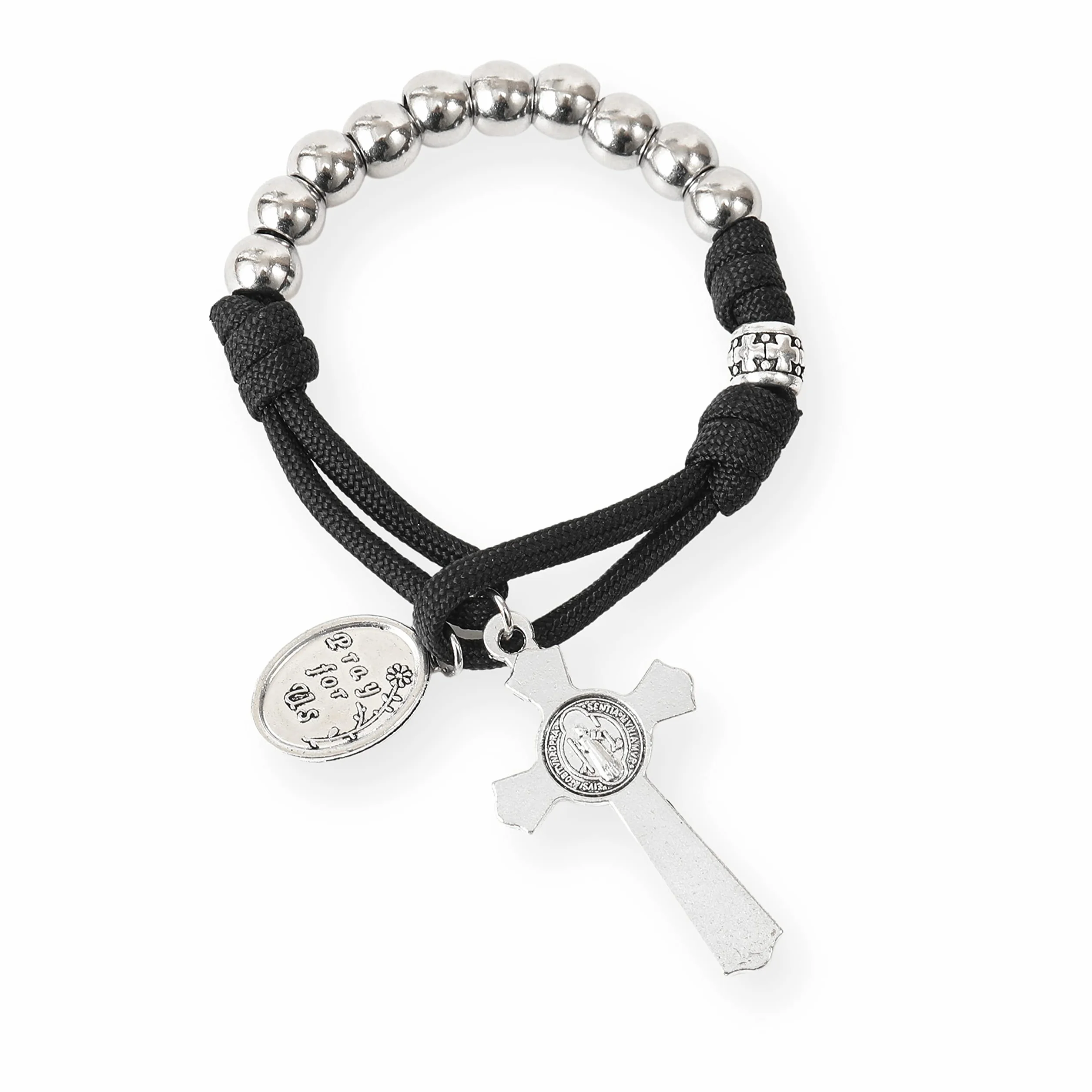 Nazareth Store Rosario militare di un decennio in paracord, perline d'argento, rosario tascabile per auto, prega per noi, medaglia di San Giuseppe e croce di San Benedetto.
