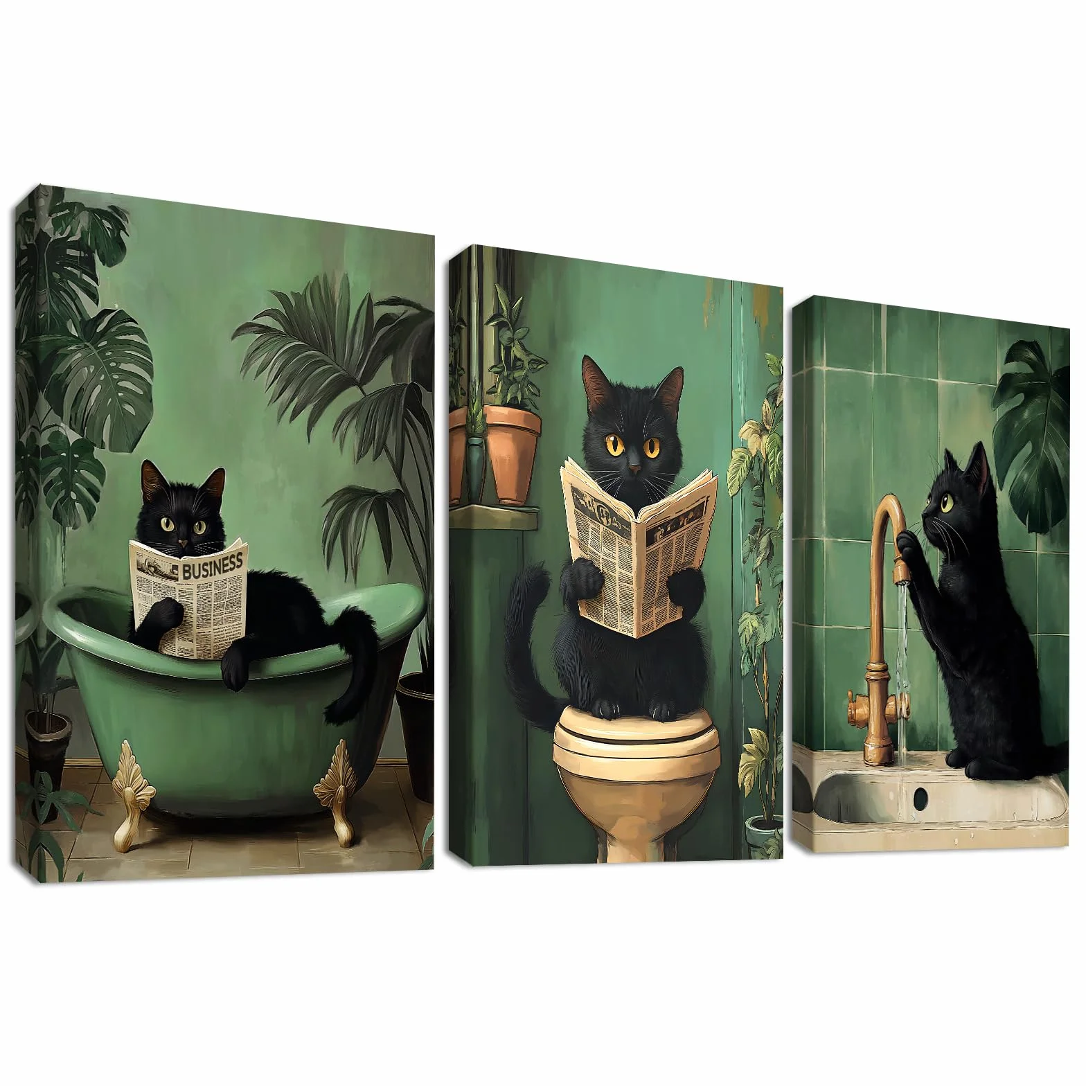 Stampa su tela Divertente Gatto Nero Pittura Quadri Moderni Bagno 30x40cm x3