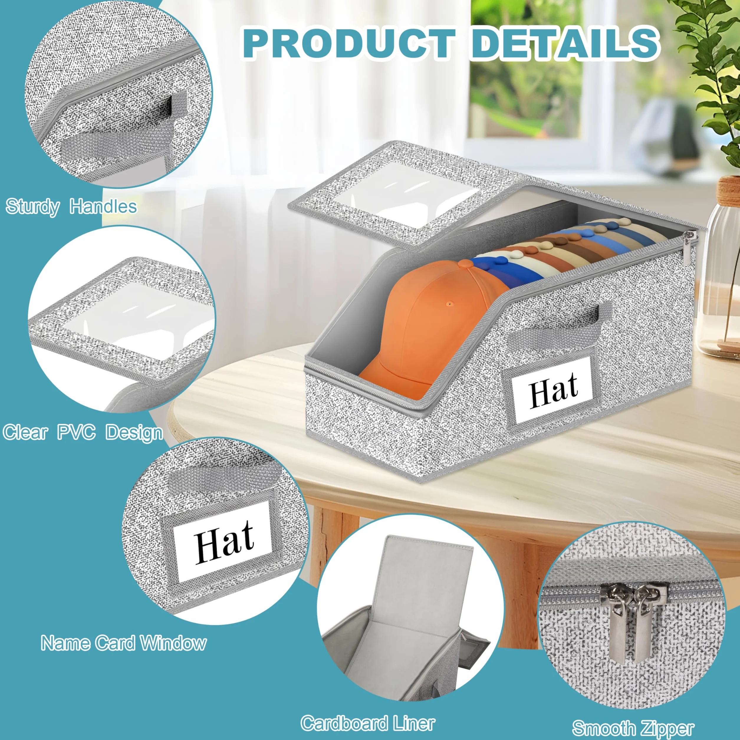 Organizzatore Porta Cappelli Pieghevole Anti-Polvere Grande Capacità con Chiusura a Zip 2 Pezzi Grigio