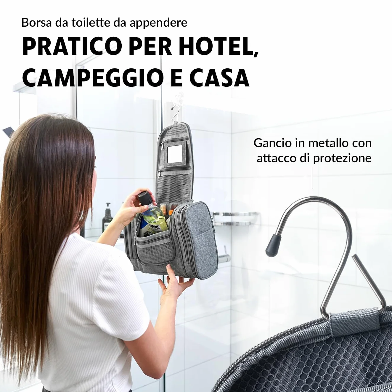 Obics® Beauty case da viaggio per uomo e donna 8L (grande) grigio XXL - Borsa da toilette e trousse da appendere con specchio - Sacchetto per cosmetici e toiletry per viaggi, campeggio (10 scomparti)
