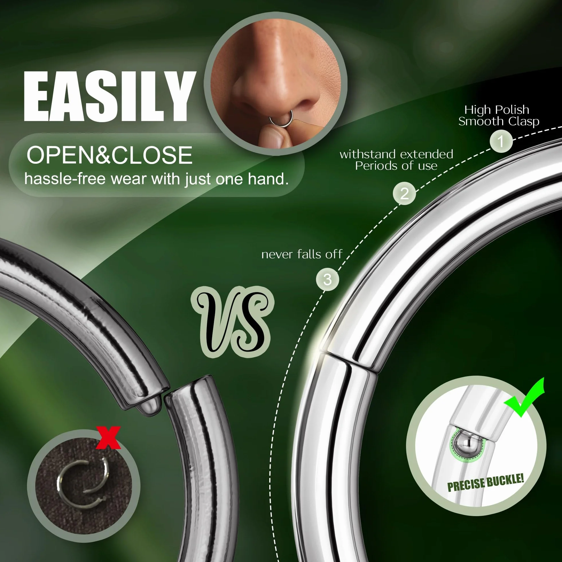 BodyBonita Piercing Naso Anello con Cerniera 316L Acciaio Chirurgico Septum Clicker Cartilagine Oro/Argento/Nero