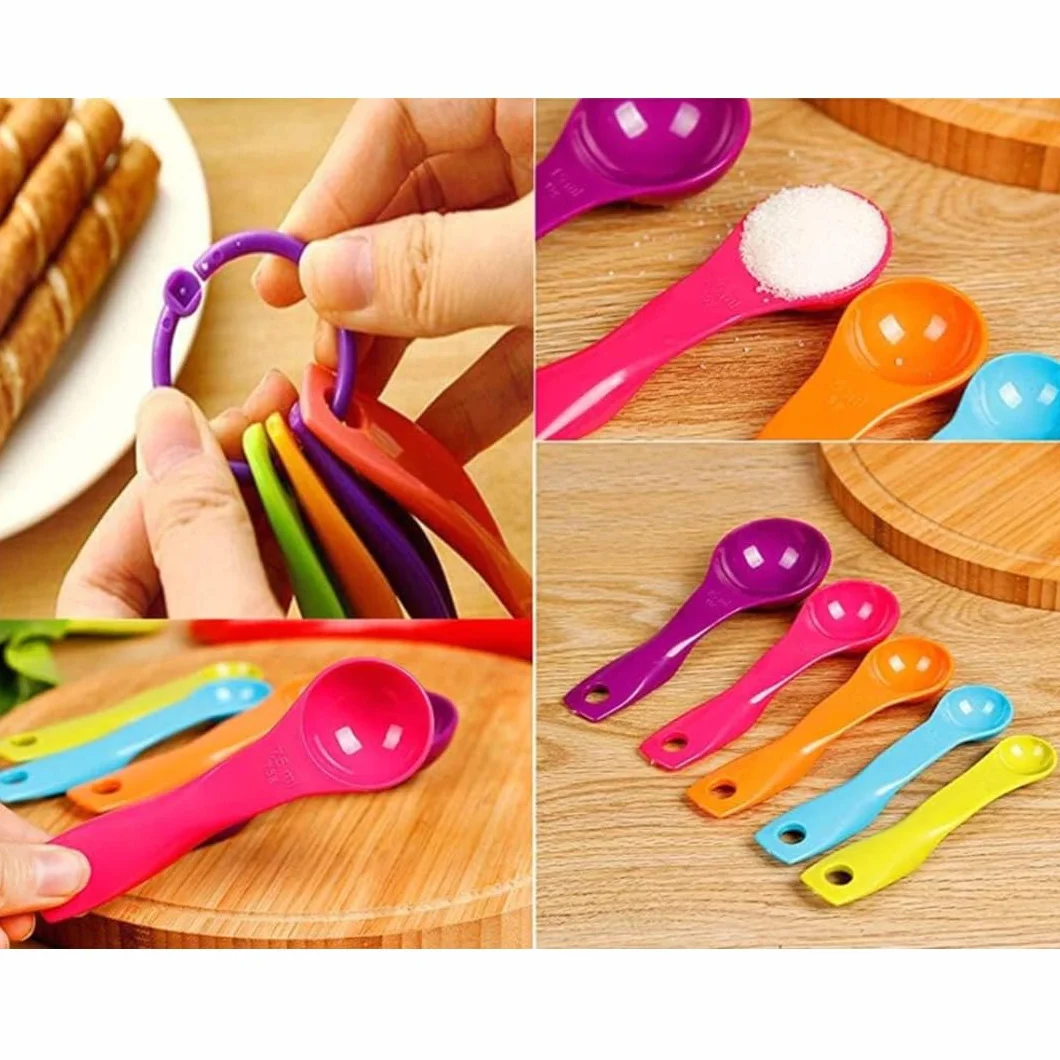 PARENCE.- Set di 5 misurini in plastica colorata - da 1 a 15 ml/g - Misurino da cucina e pasticceria con anello per appendere - Dispenser preciso