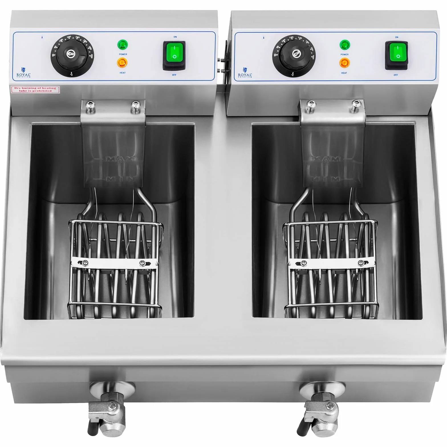 Royal Catering Friggitrice Elettrica con Rubinetti di Scarico RCEF 10DB (2 x 10 L, 230 V, 2 x 3000 W, Acciaio Inox, Plastica)