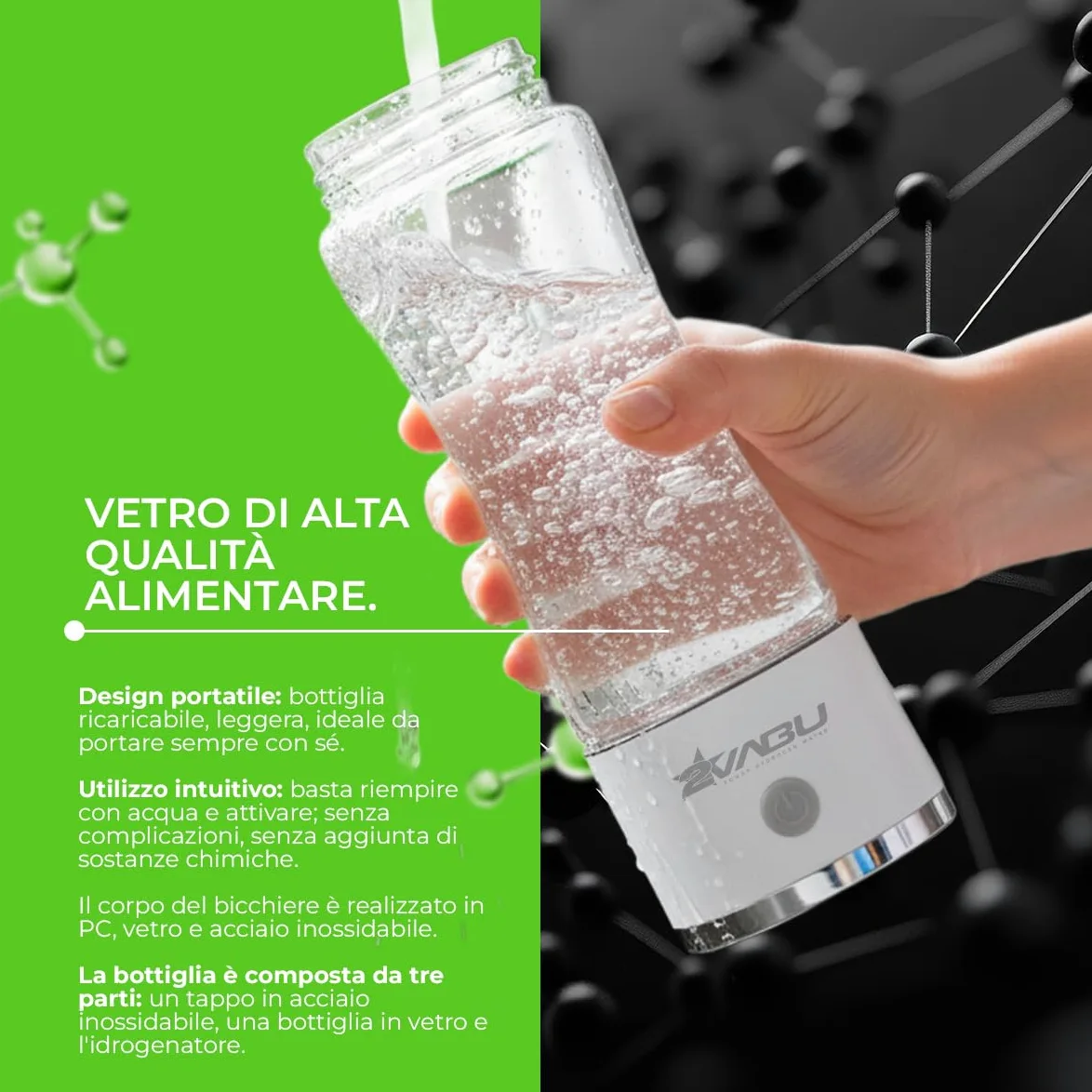 Molecular Curve – Borraccia Acqua Idrogenata Ricaricabile – 1300 PPB Idrogeno Molecolare – Ionizzatore Acqua con Tecnologia SPE e PEM – 450 ml
