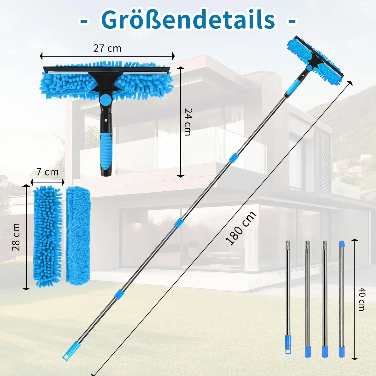 MLOQI Set sgocciolatore finestre telescopico 180 cm pulitore 2 in 1 vetri auto Blu