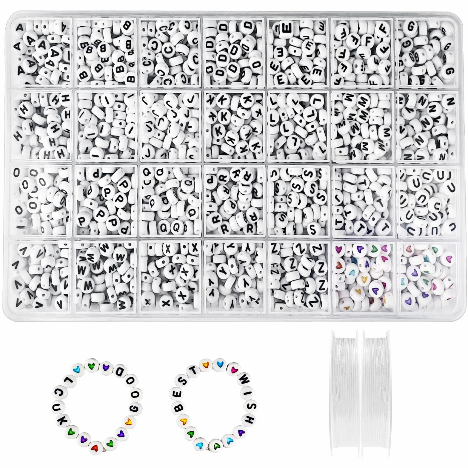 Perline per Braccialetti 1400 Pezzi 7 x 4 mm, A-Z Bianca Lettere Alfabeto Colorate Cuore Beads con 2 Elastic Thread