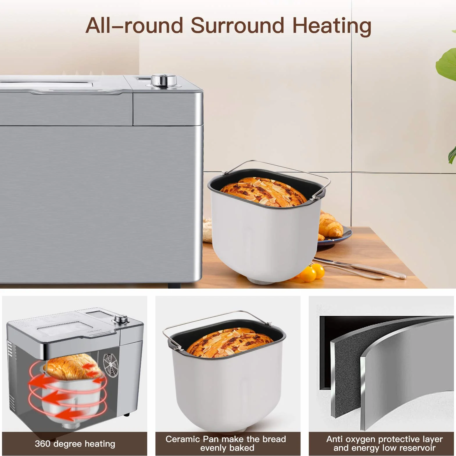 COOCHEER Macchina per il pane in Inox con 25 programmi di cottura, 3 colori da forno e 3 livelli di doratura, 550 W