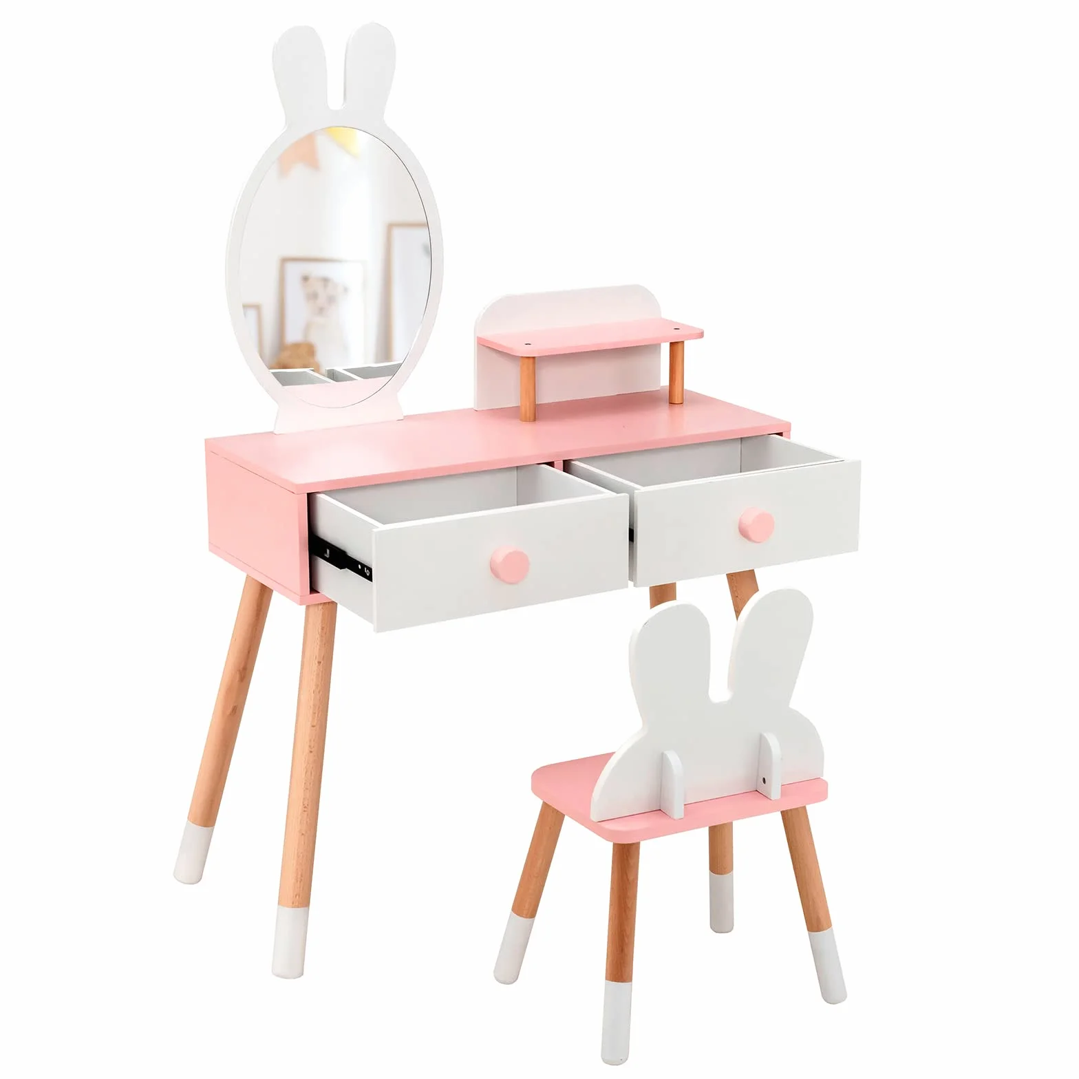 LIFEZEAL Tavolo da toeletta per bambini 2 in 1, specchio di coniglio, parrucchiere per bambini in legno con 2 cassetti e mensola, tavolino con specchio e sgabello per ragazze, tavolo da trucco, sedia