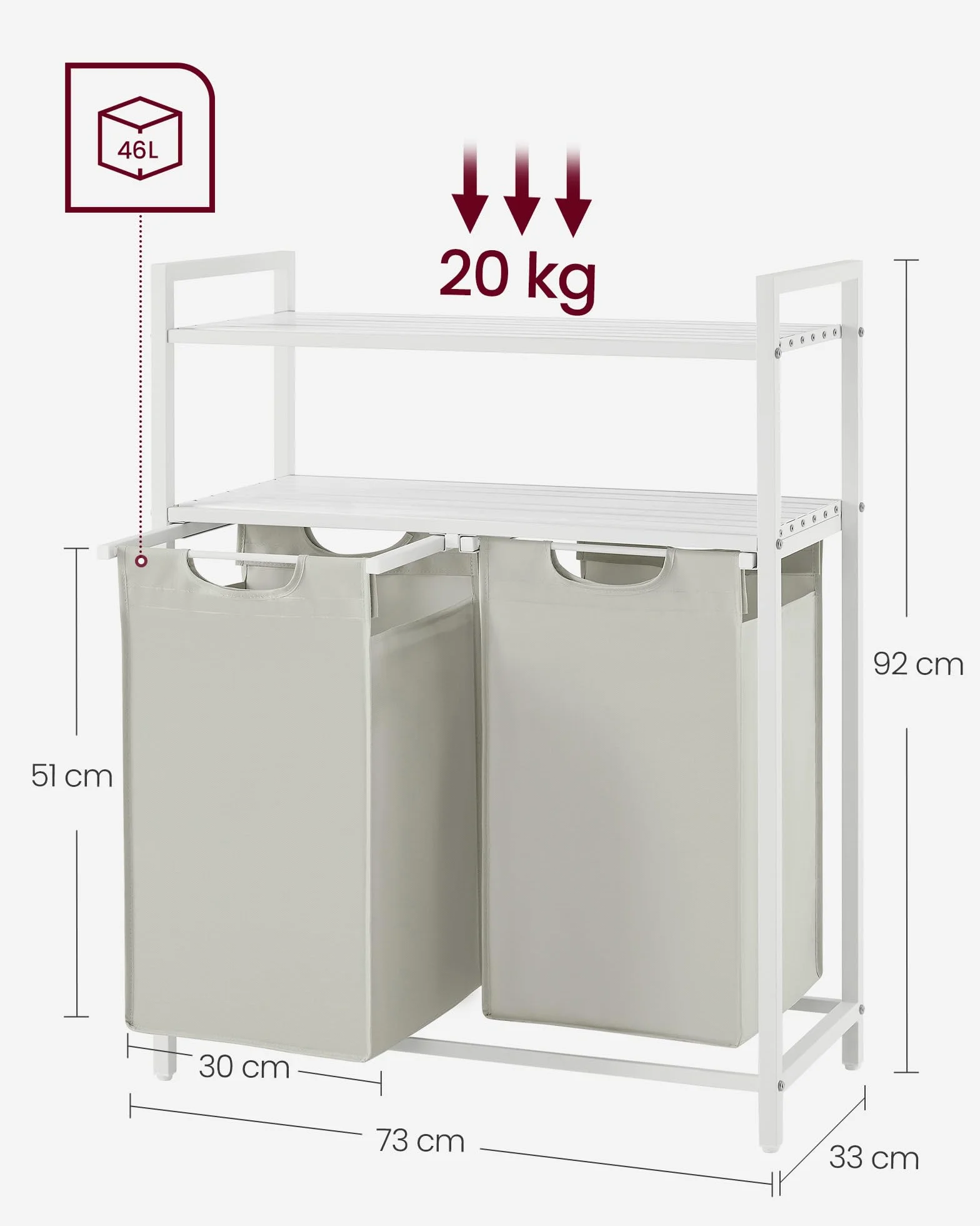 VASAGLE Cesto Portabiancheria 2 Sacchi Estraibili 46L Bianco BLH211W01