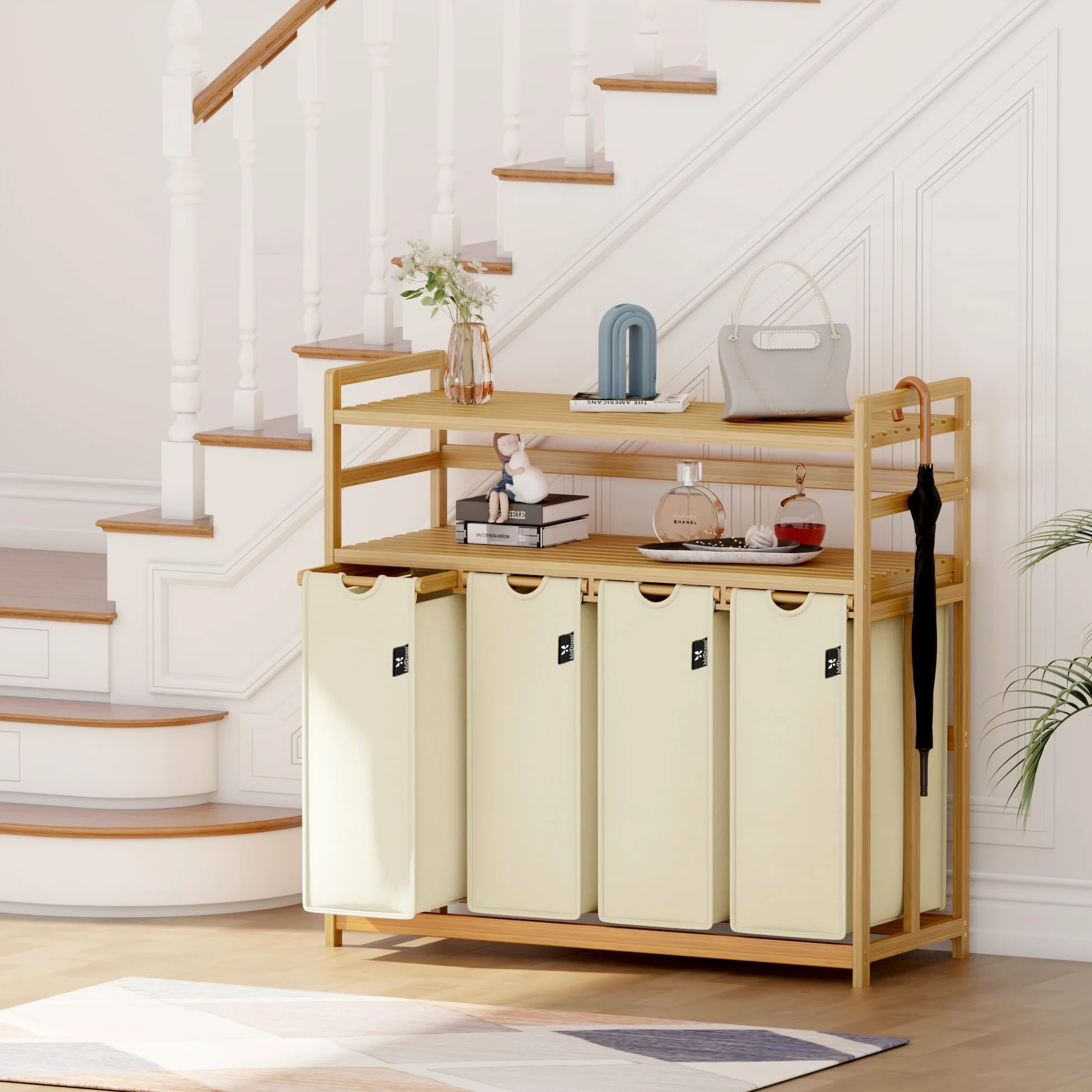 AdelDream Cesto portabiancheria con ripiani 4 scomparti 2 ripiani in bambù estensibile e rimovibile 200L beige