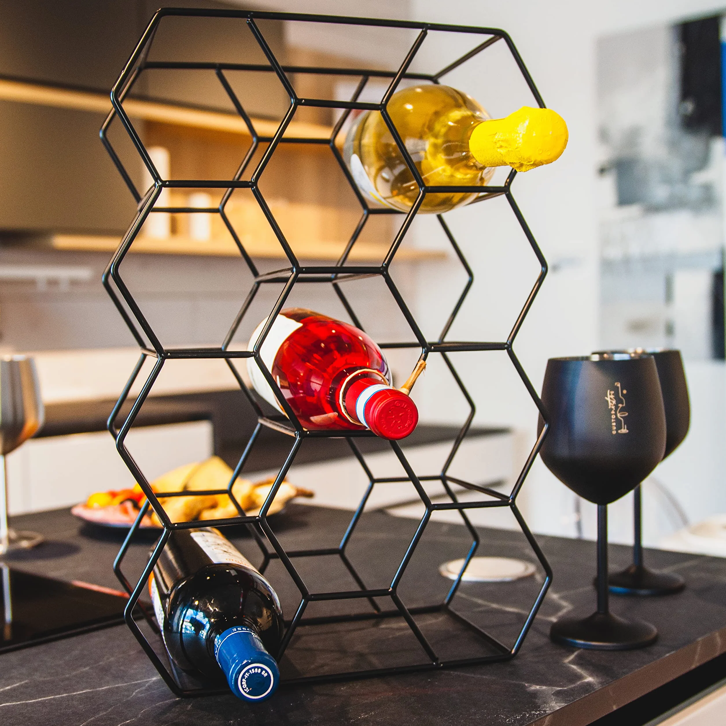 Gusto Nostro Portabottiglie da Tavolo Metallico Nero 14 Bottiglie 3 Ripiani Porta Vini Freestanding