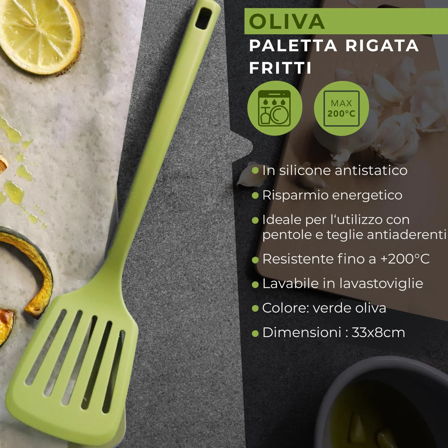 Fackelmann Paletta forata da cucina silicone antistatico 33x8,3 cm Linea Oliva