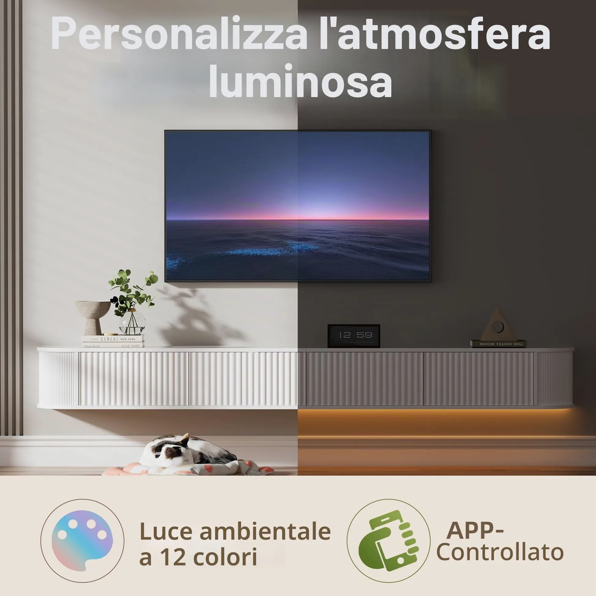 Mobile TV Sospeso con Luce LED – Mobile TV a Parete da 140CM con Archiviazione Migliorata & Bordi Arrotondati, Consolle Multimediale TV Moderna per TV da 65-75 Pollici
