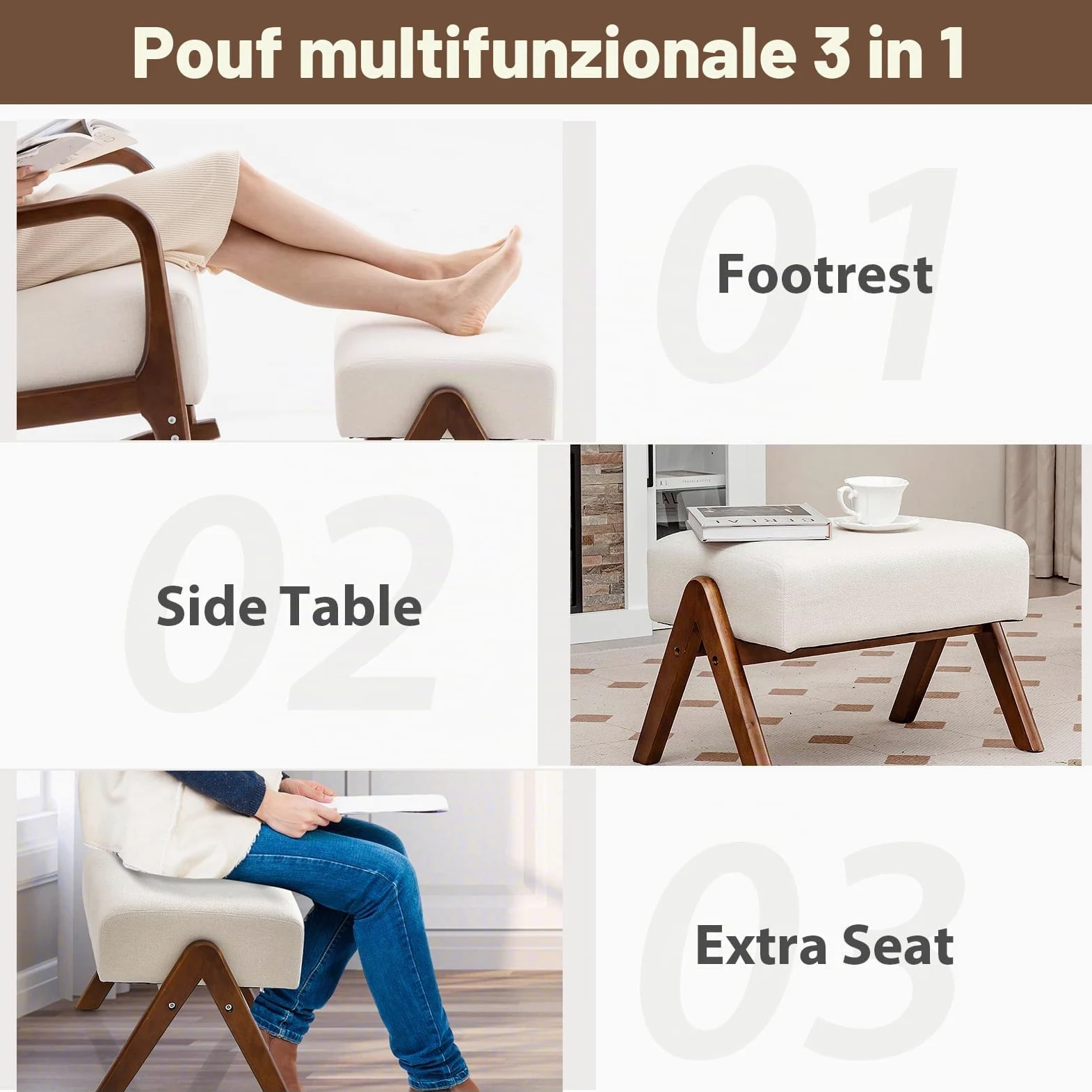 HOMASIS Sedia a Dondolo con Poggiapiedi, Set da Poltrona a Dondolo con Braccioli e Struttura in Legno Massello, Sedia Allattamento per Camera da Letto, Salotto, Fino a 150 kg, 97x65x104cm (Beige)