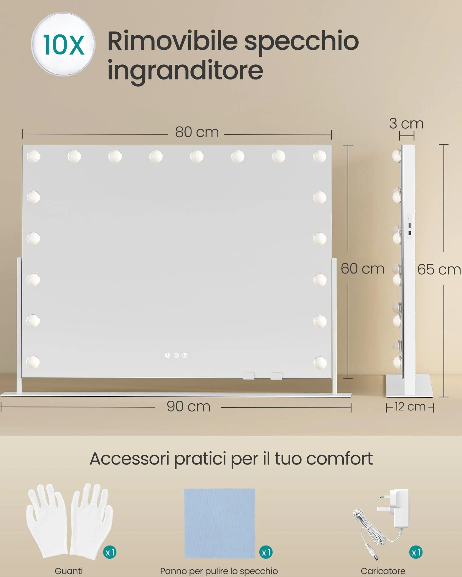 SONGMICS Specchio Trucco Luci 18 LED Dimmerabili 3 Temperature Colore 80x60 cm Bianco Opaco