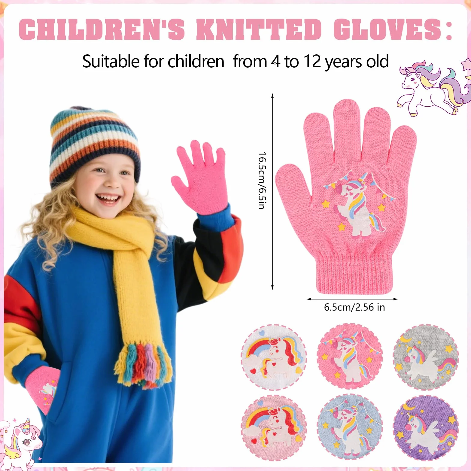 Guanti Invernali Termici Unicorno per Bambini Muffole Magiche a Dita Intere Elastici 4-12 Anni