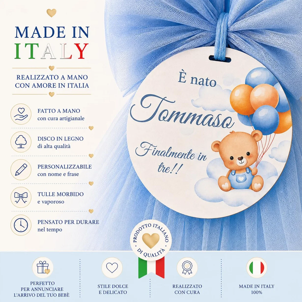 Fiocco Nascita Personalizzato con Nome e Frase, Decorazione Artigianale in Legno per Porta cameretta Neonato, Regalo Nascita Originale (Azzurro, Orsetto)