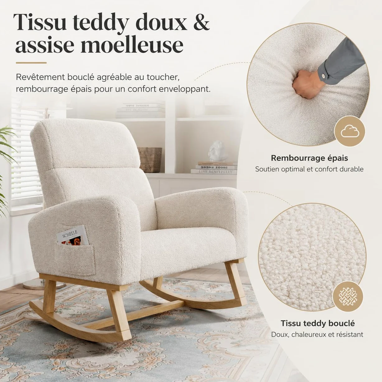 BRILVERDE Sedia a Dondolo, Poltrona Dondolo con Tasche Laterali Gambe in Legno massello, Allattamento al Seno, Sedia per Il Tempo Libero, Adatta per Soggiorno e Camera da Letto (Beige)