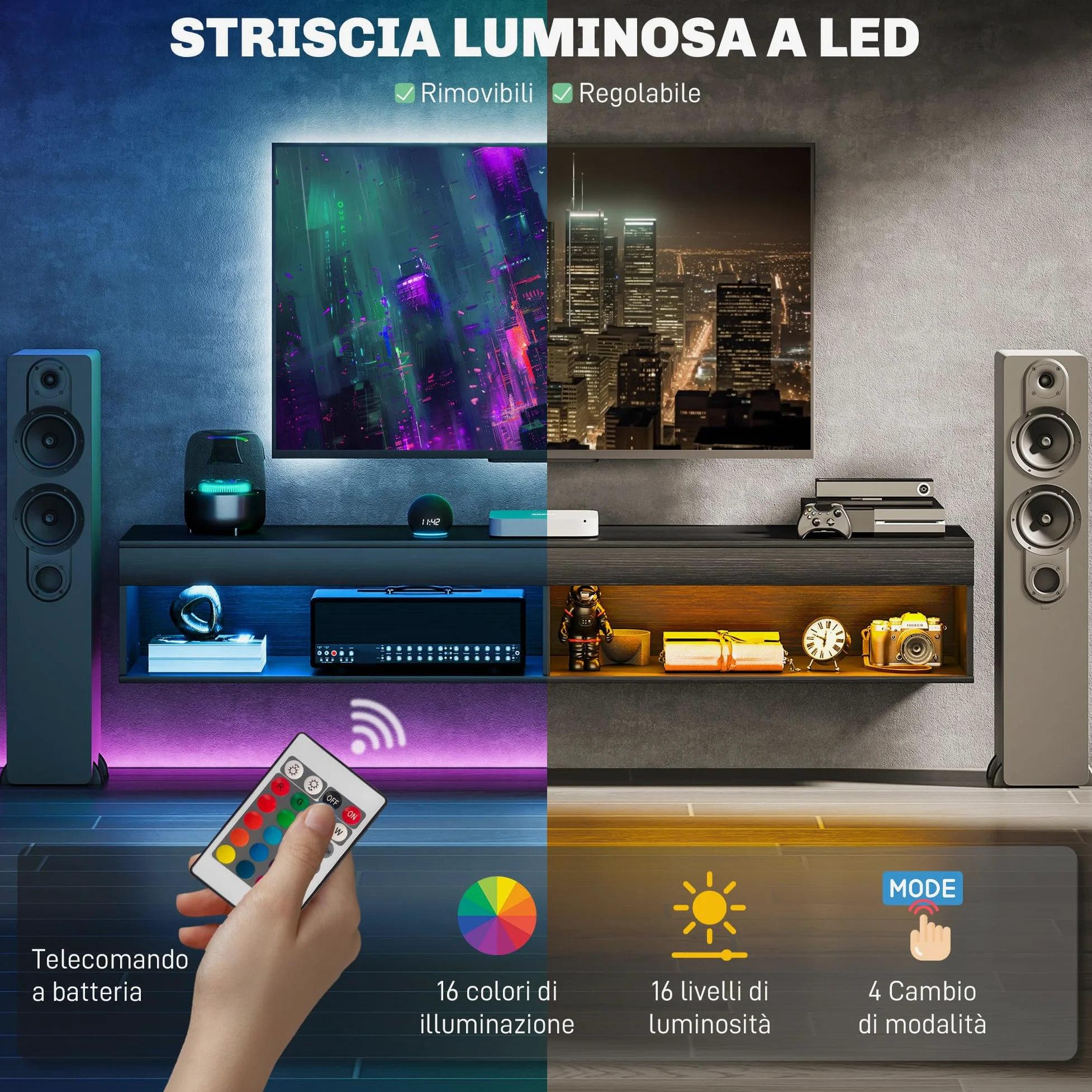 HOMCOM Mobile Porta TV fino 75" Sospeso con Luci LED 16 Colori e Modalità Regolabile con Telecomando, Mobile TV Sospeso in Legno, 180x40x30 cm, Nero