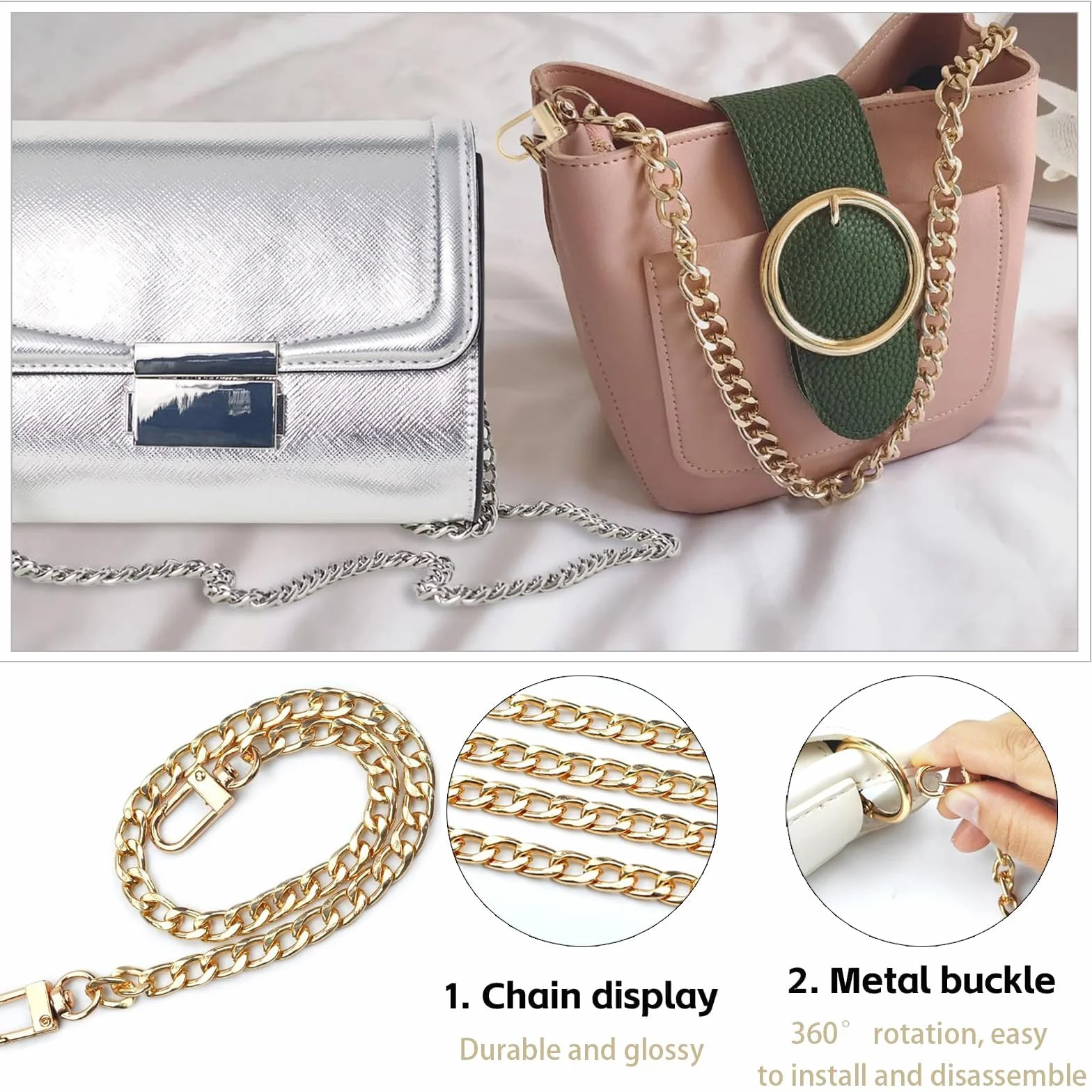 Catena Borsa Metallo 120/80/60/40 CM Oro Argento Tracolla Manici Uncinetto Donna