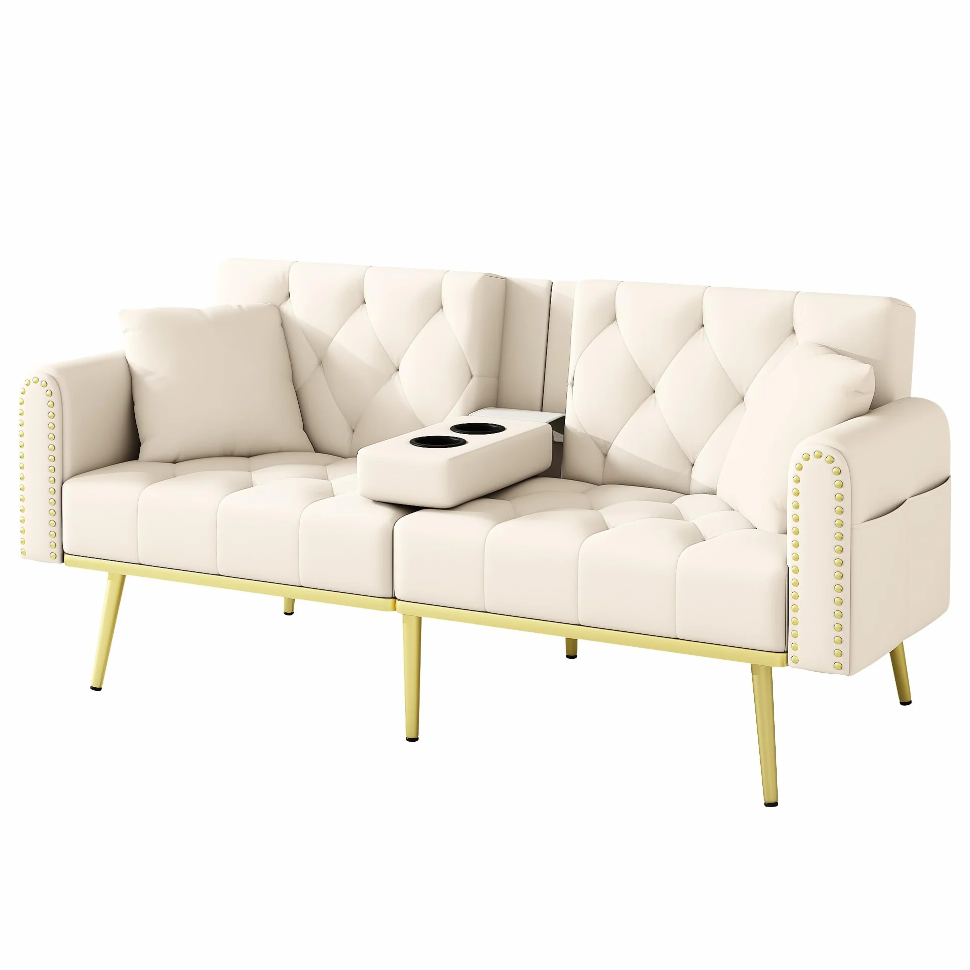 Divano letto doppio pieghevole, beige, 80 x 180 cm, con funzione sdraio, tre angoli di inclinazione regolabili e portabevande, adatto per soggiorno, camera da letto, camera degli ospiti