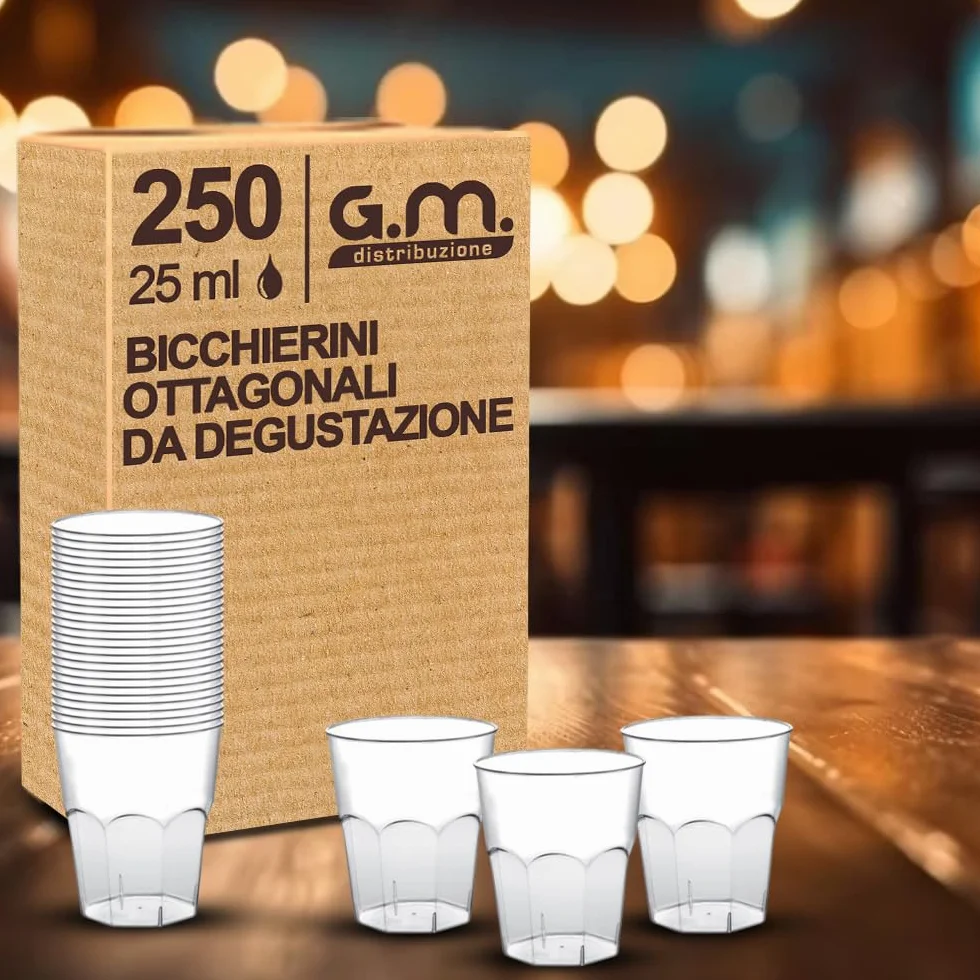 G.M. DISTRIBUZIONE Bicchieri da Liquore Shot Plastica Rigida 25cc Ottagonali Resistenti Riutilizzabili per Feste