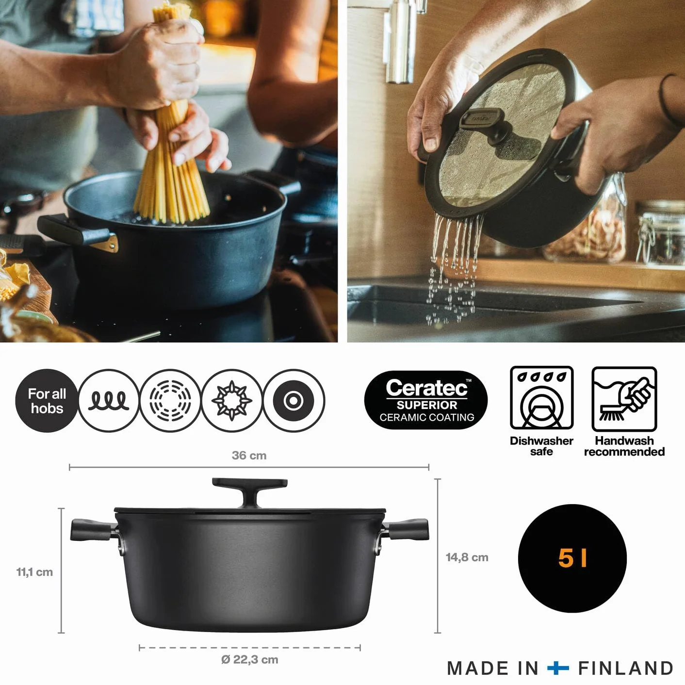 Fiskars Casseruola con Coperchio, Hard Face, Diametro 26 cm | Capacità: 5 litri, Rivestimento Antiaderente, Resistente ai Graffi, Alluminio/Plastica, 1075527