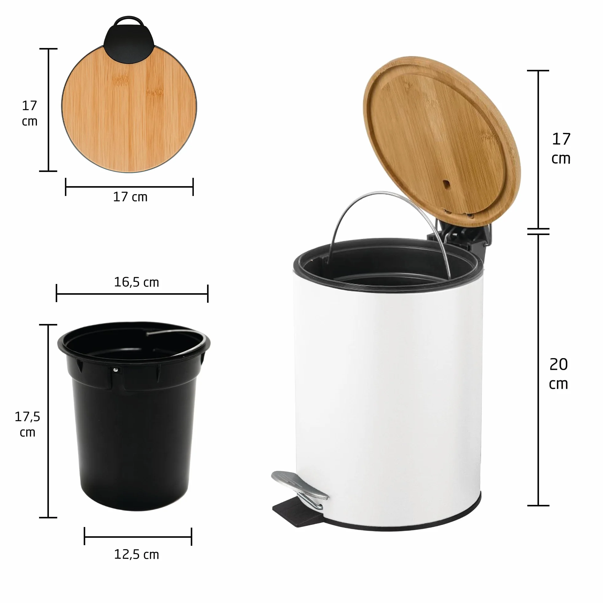 Amig Naturline Pattumiera da bagno con pedale 3 litri bianco bambù acciaio inox