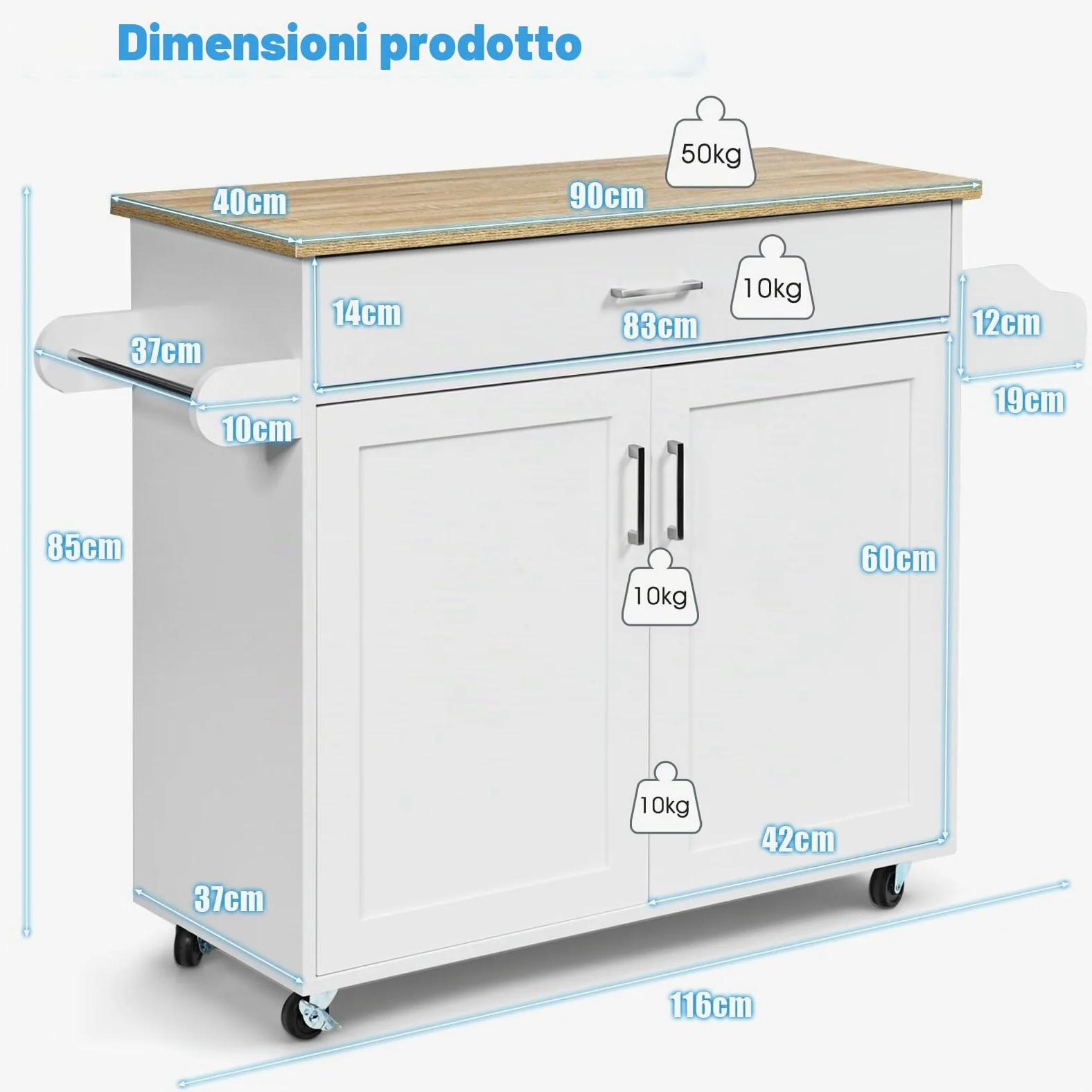 KOMFOTTEU Carrello da Cucina Ausiliario, Carrello di Servizio con Cassetto e Ripiano Regolabile, Isola da Cucina da Sala da Pranzo con Ruote Universali con Freni, in Legno, 116 x 40 x 85 cm, Bianco