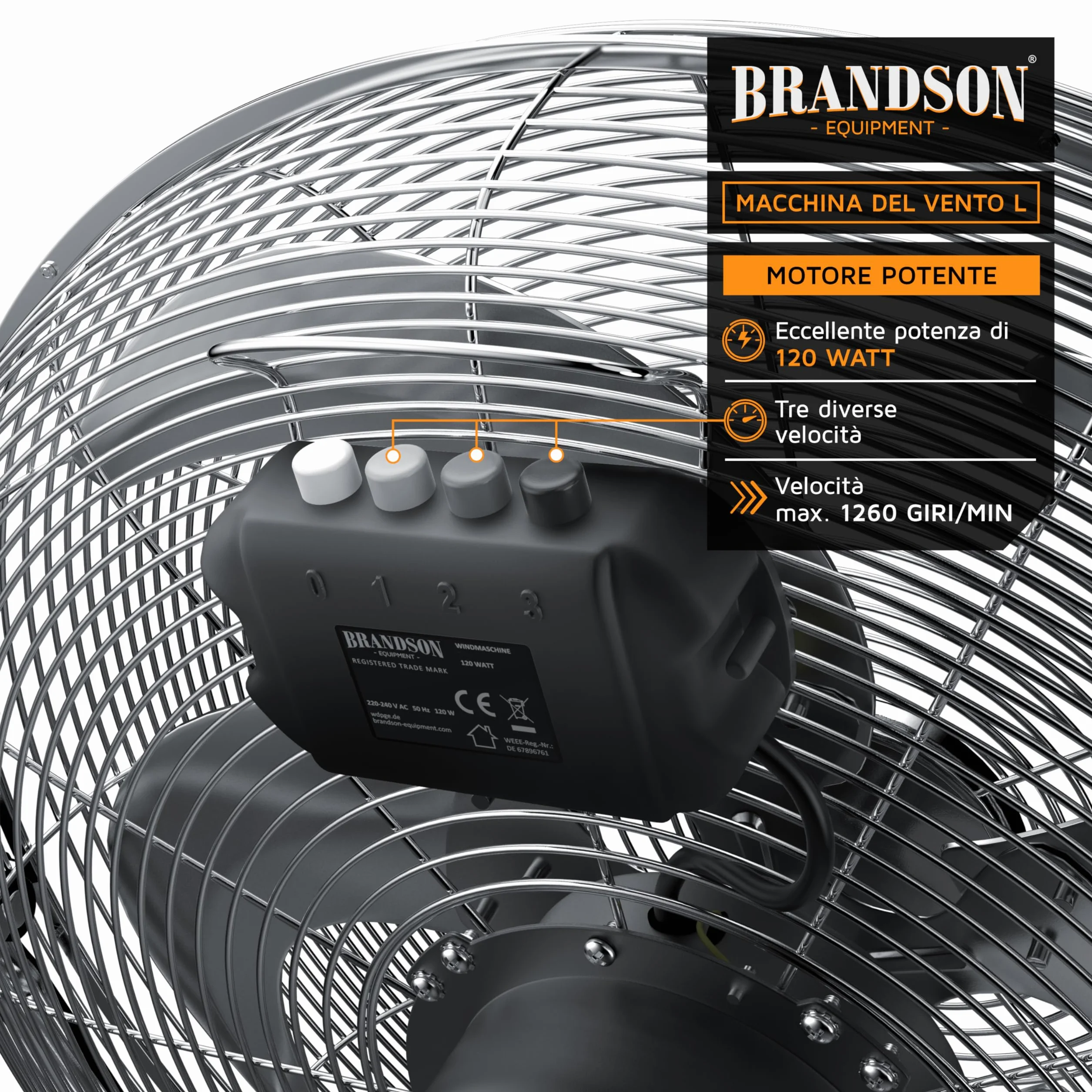 Brandson - Macchina del vento - L'originale Super ventilatore - Largo 53,5cm - 3-livelli di potenza - 120W di potenza max assorbita - Design Retro - Cromo